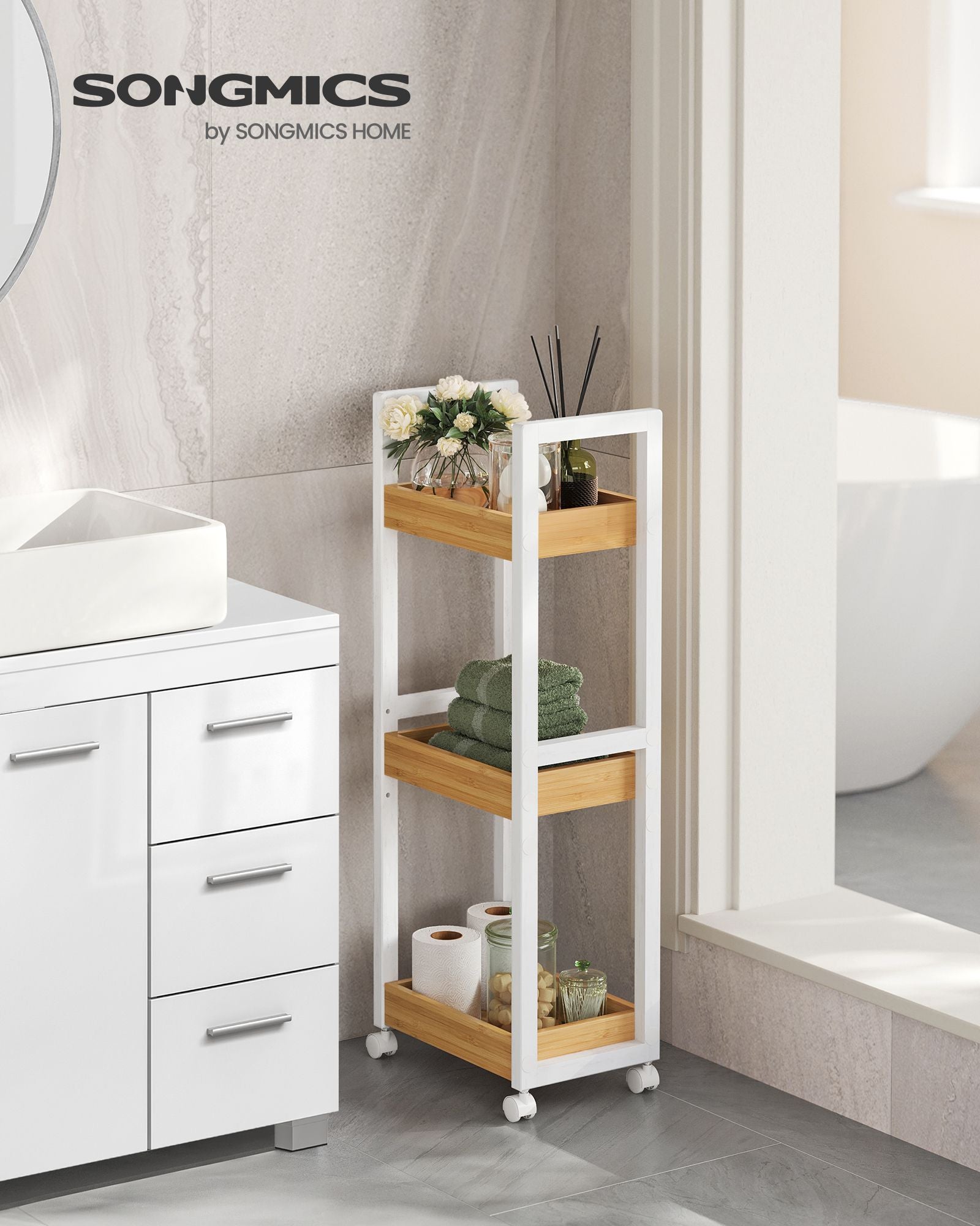 Bathroom shelf-with 3 levels-narrow-space-saving-white-nature color