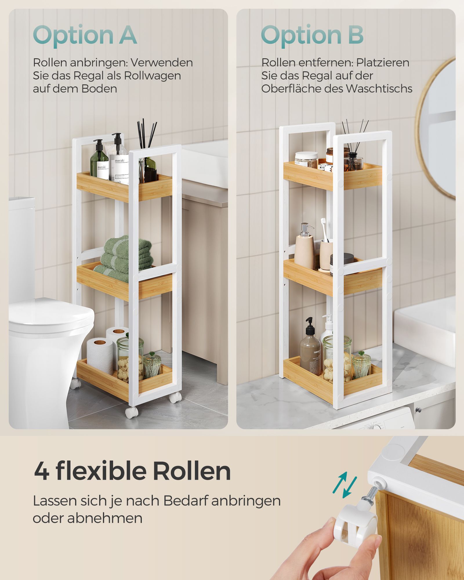 Bathroom shelf-with 3 levels-narrow-space-saving-white-nature color