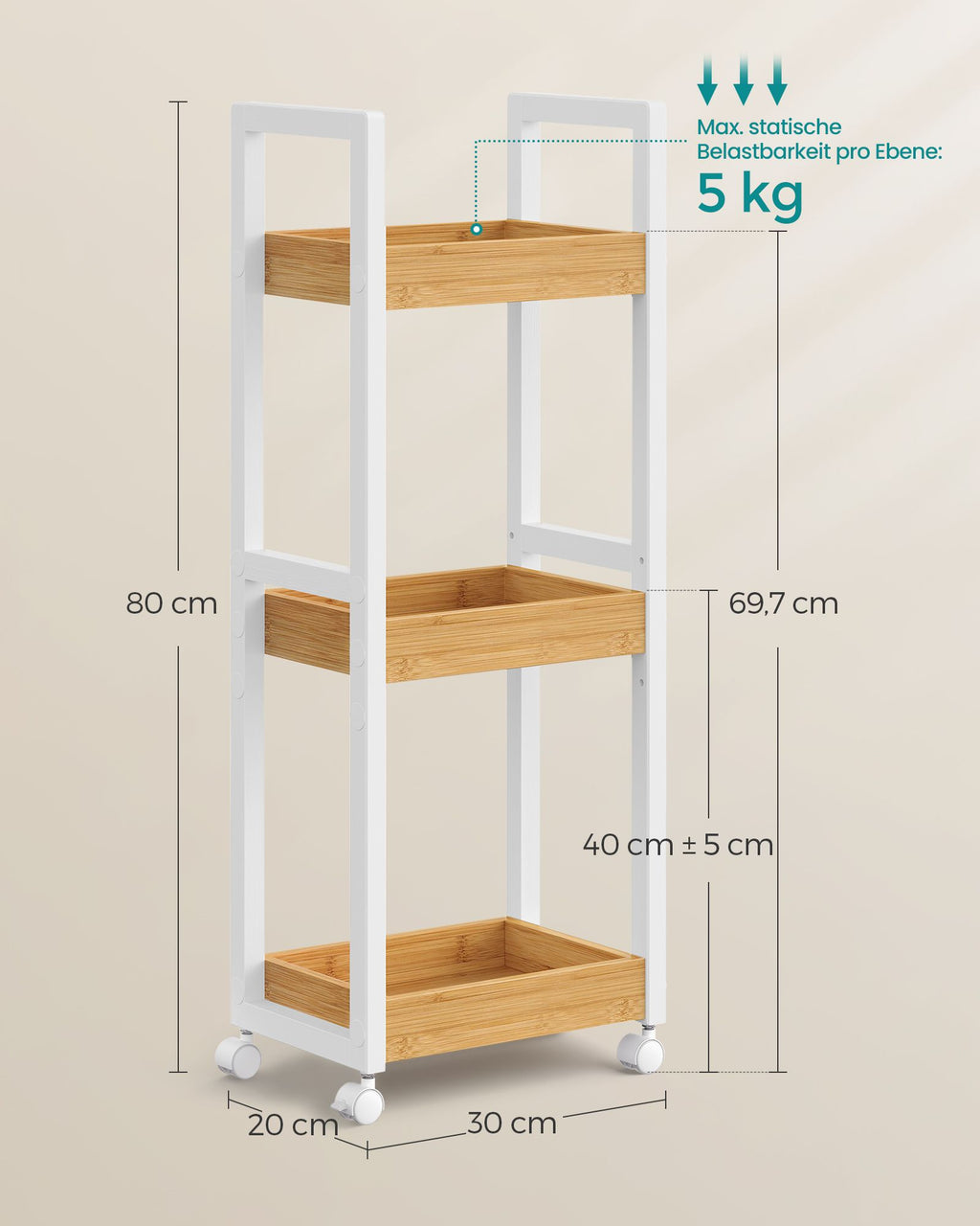 Bathroom shelf-with 3 levels-narrow-space-saving-white-nature color