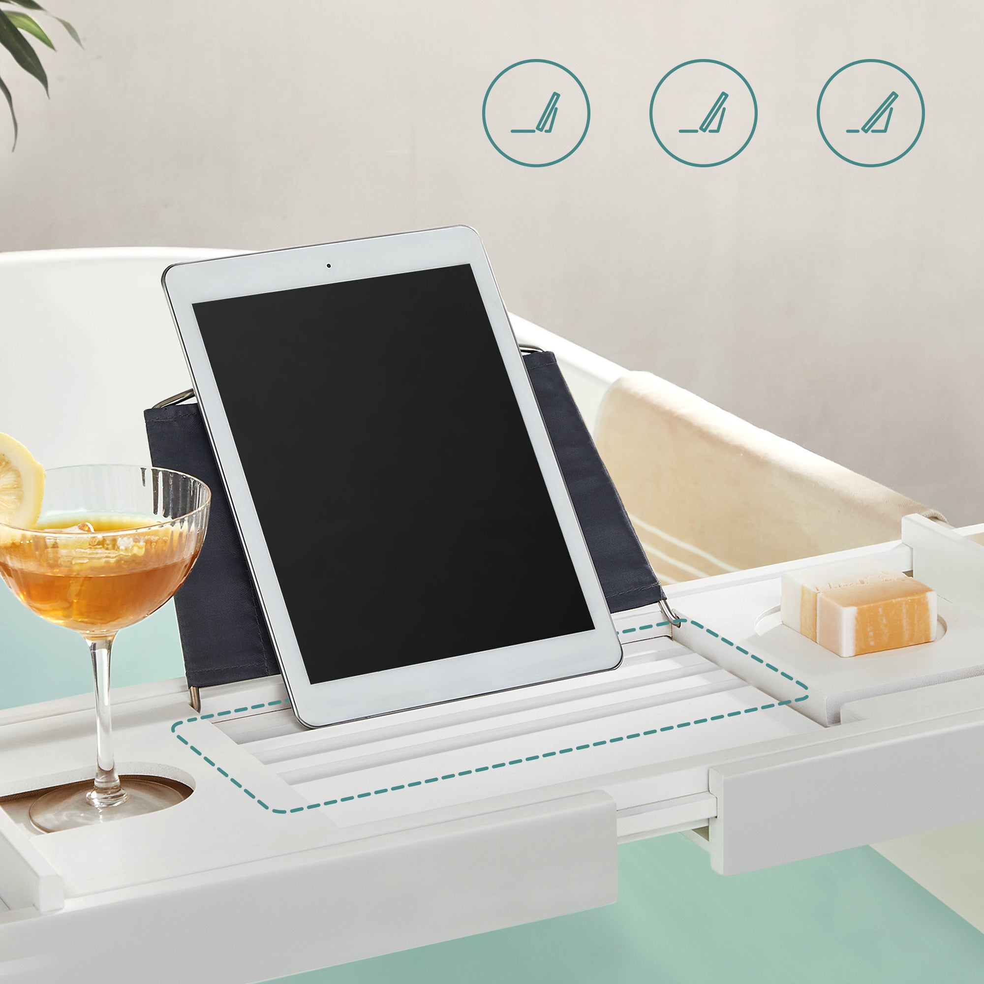 Bathing board - Bath rack - Extendable - Bamboo - (75-109) x 23 x 4.5 cm - White