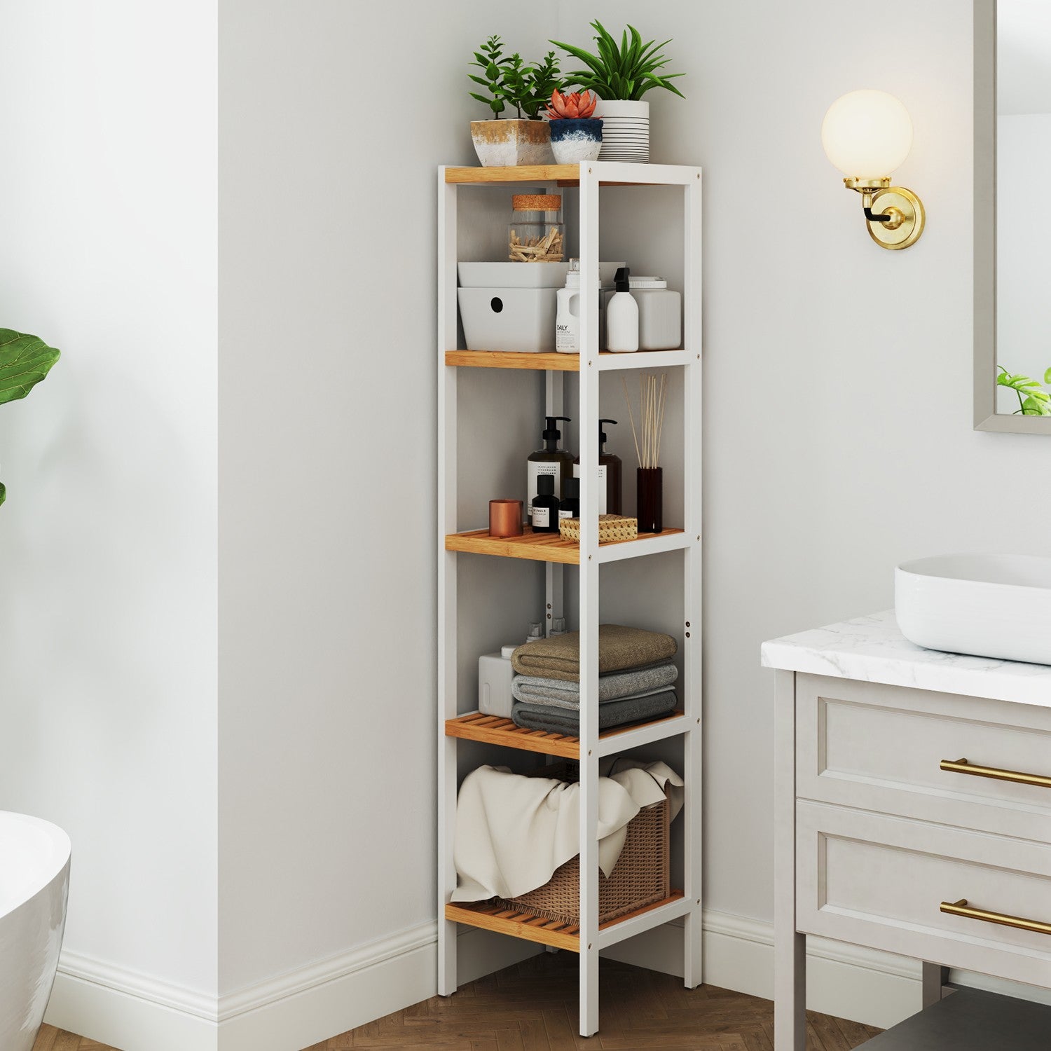 Bathroom board 5 levels, narrow shelf standing, multifunctional storage rack