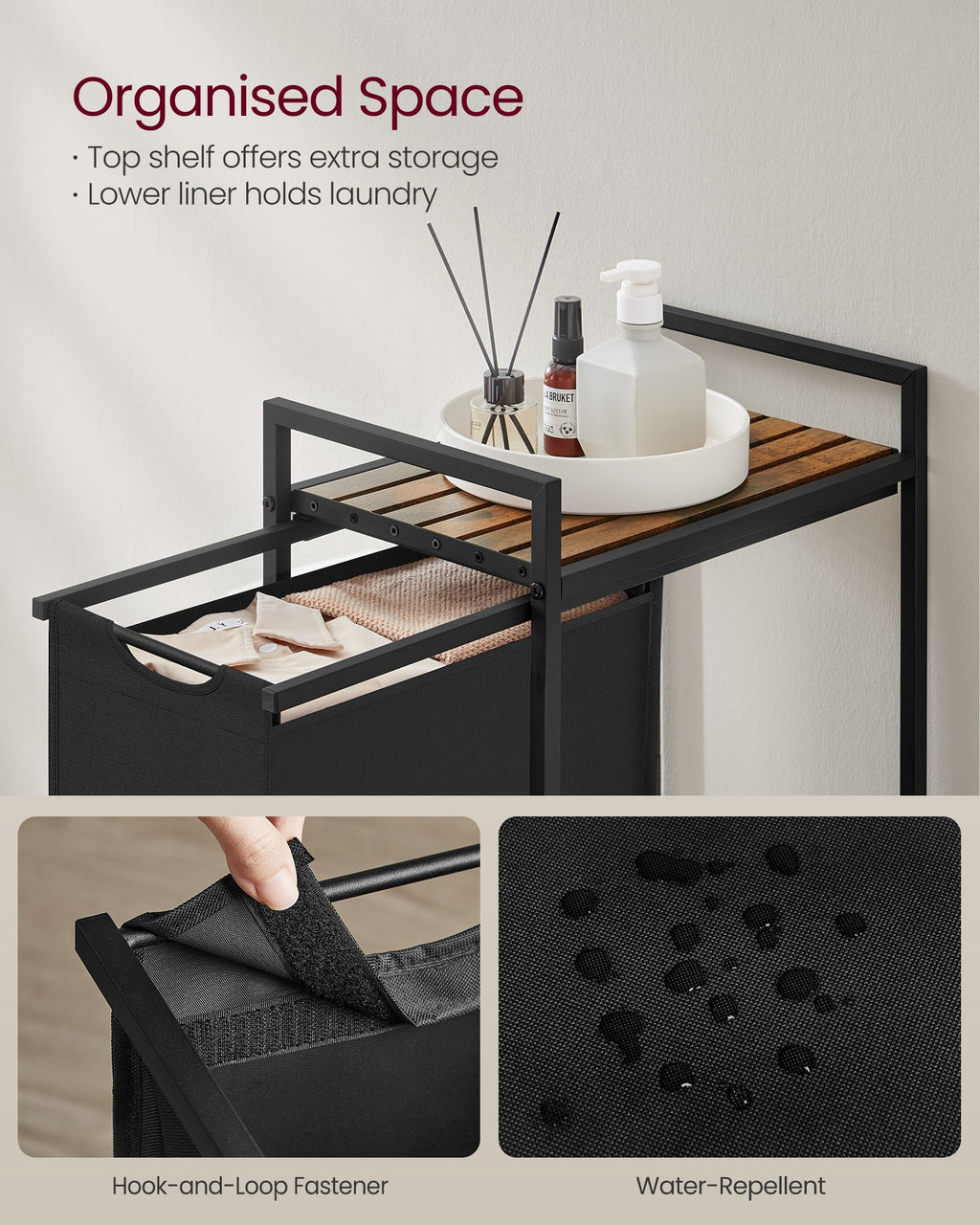Laundry basket - with plank - ink black and vintage brown