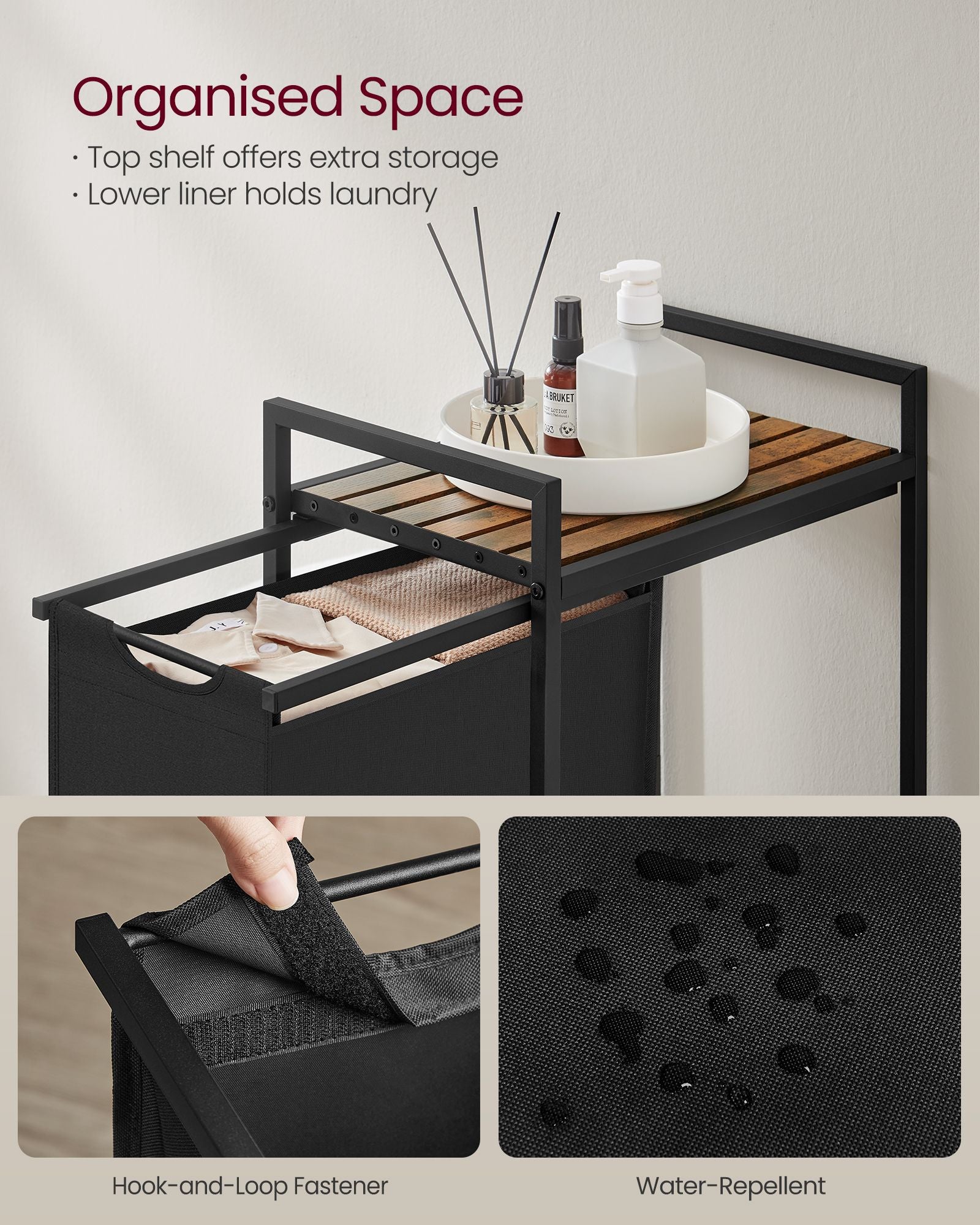 Laundry basket - with plank - ink black and vintage brown