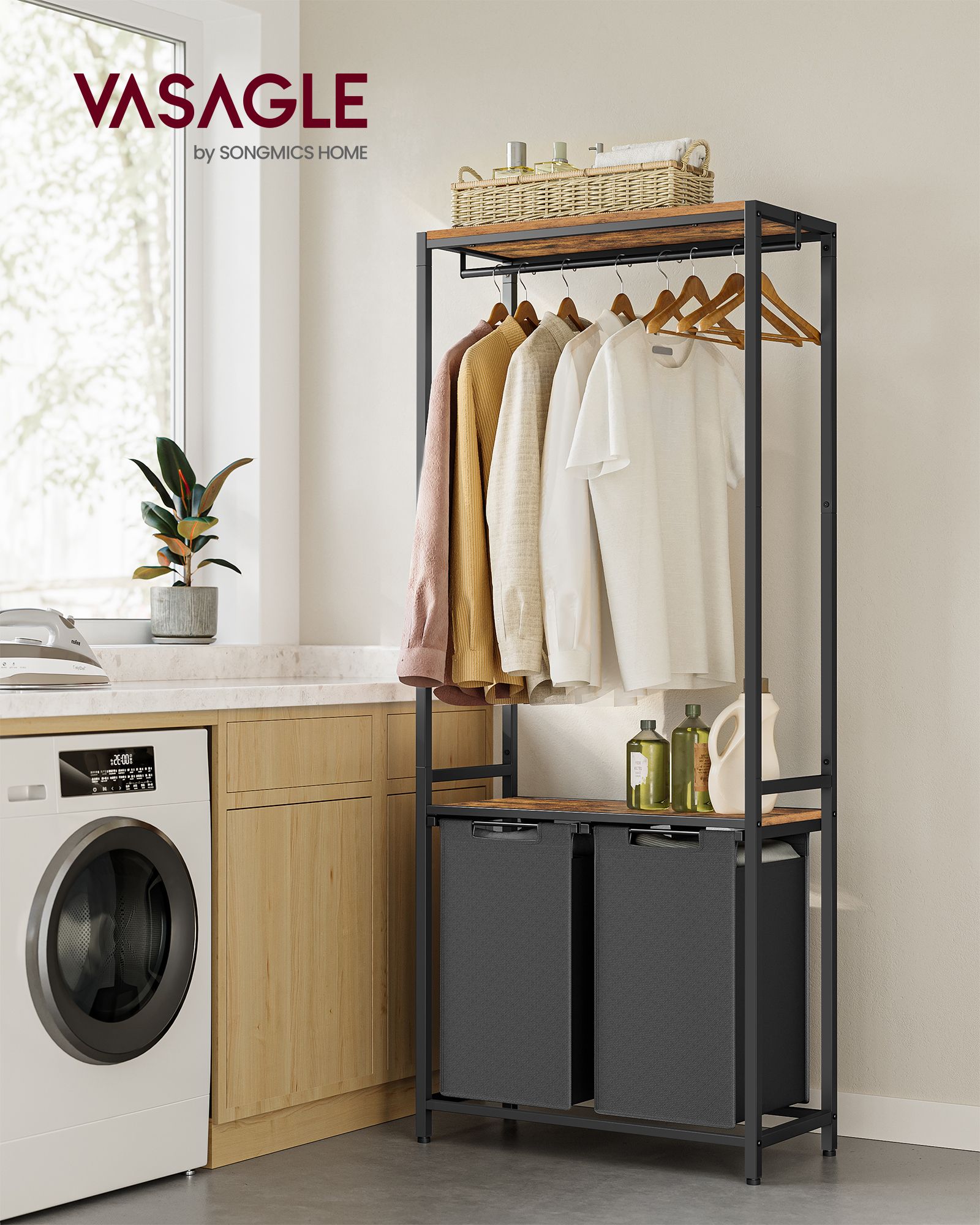Laundry basket-with coat rack-2 compartments-vintage brown-classic black