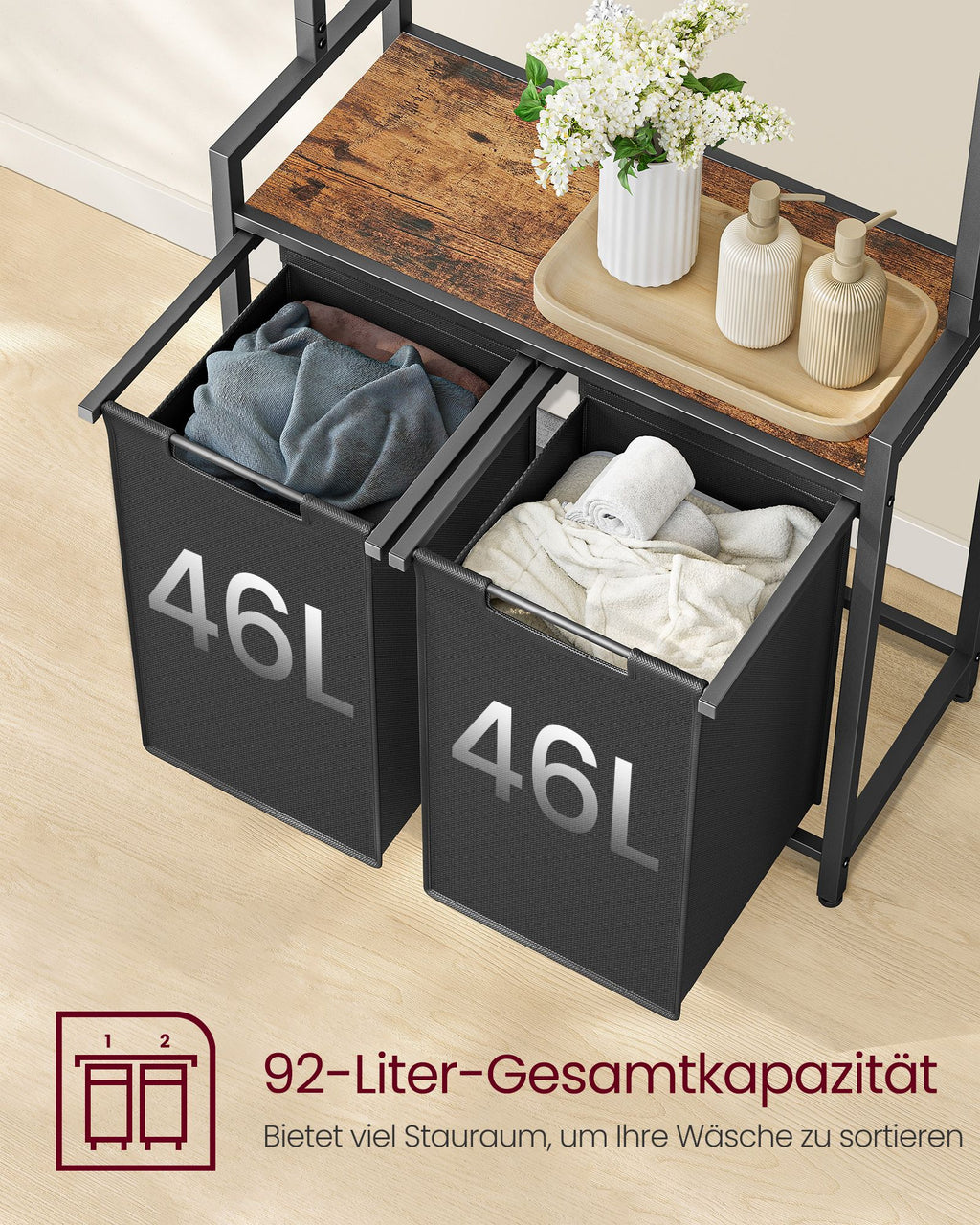 Laundry basket-with coat rack-2 compartments-vintage brown-classic black