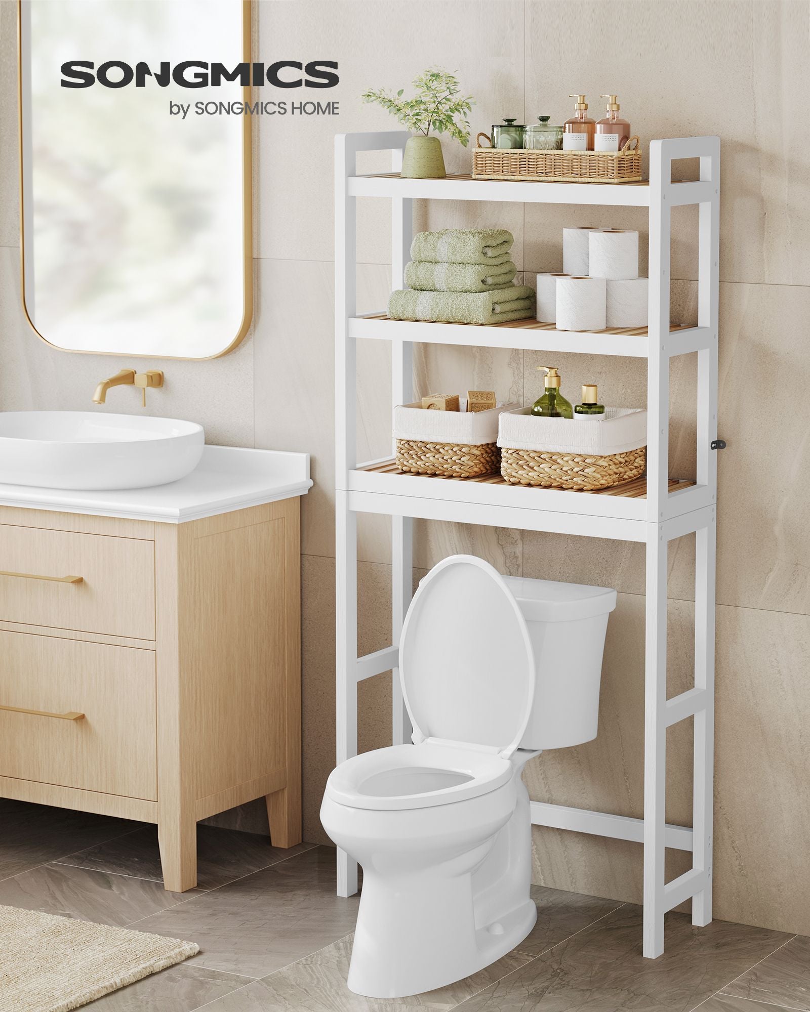 Bathroom shelf-3 levels-Bamboo-Cloudy White-natural color