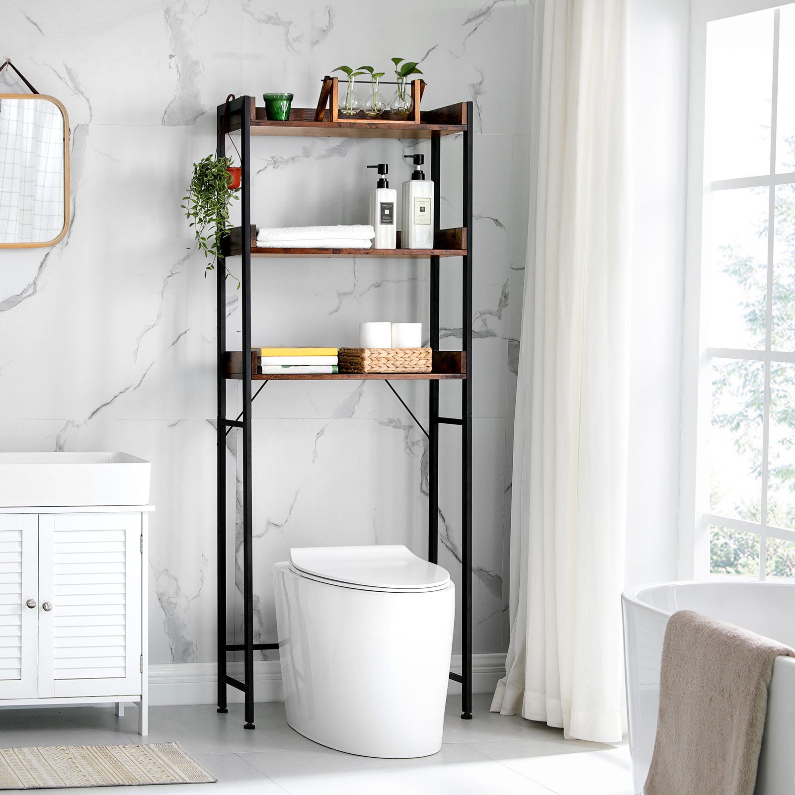 Bathroom rack - With 3 open shelves - Industrial - Brown/Black
