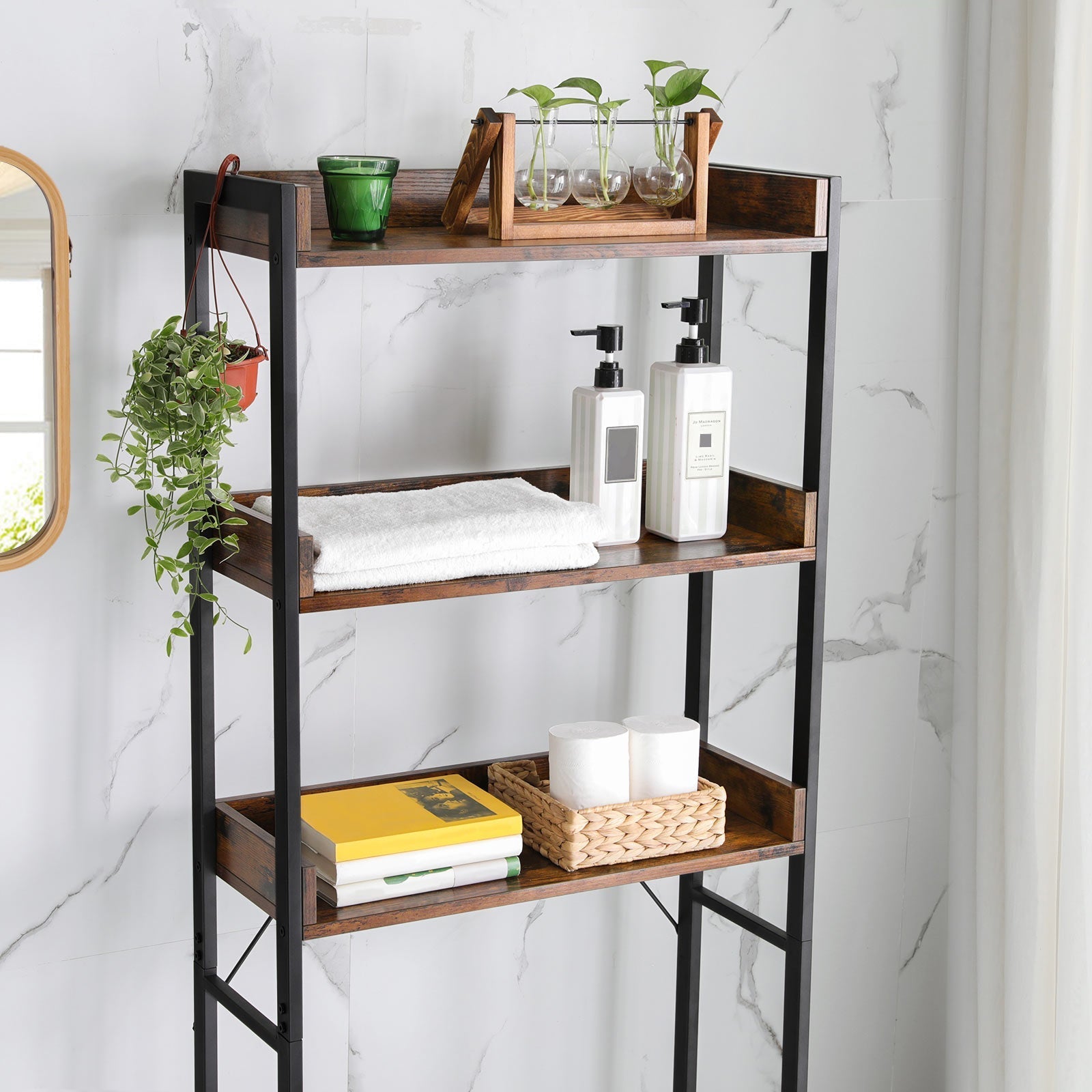 Bathroom rack - With 3 open shelves - Industrial - Brown/Black
