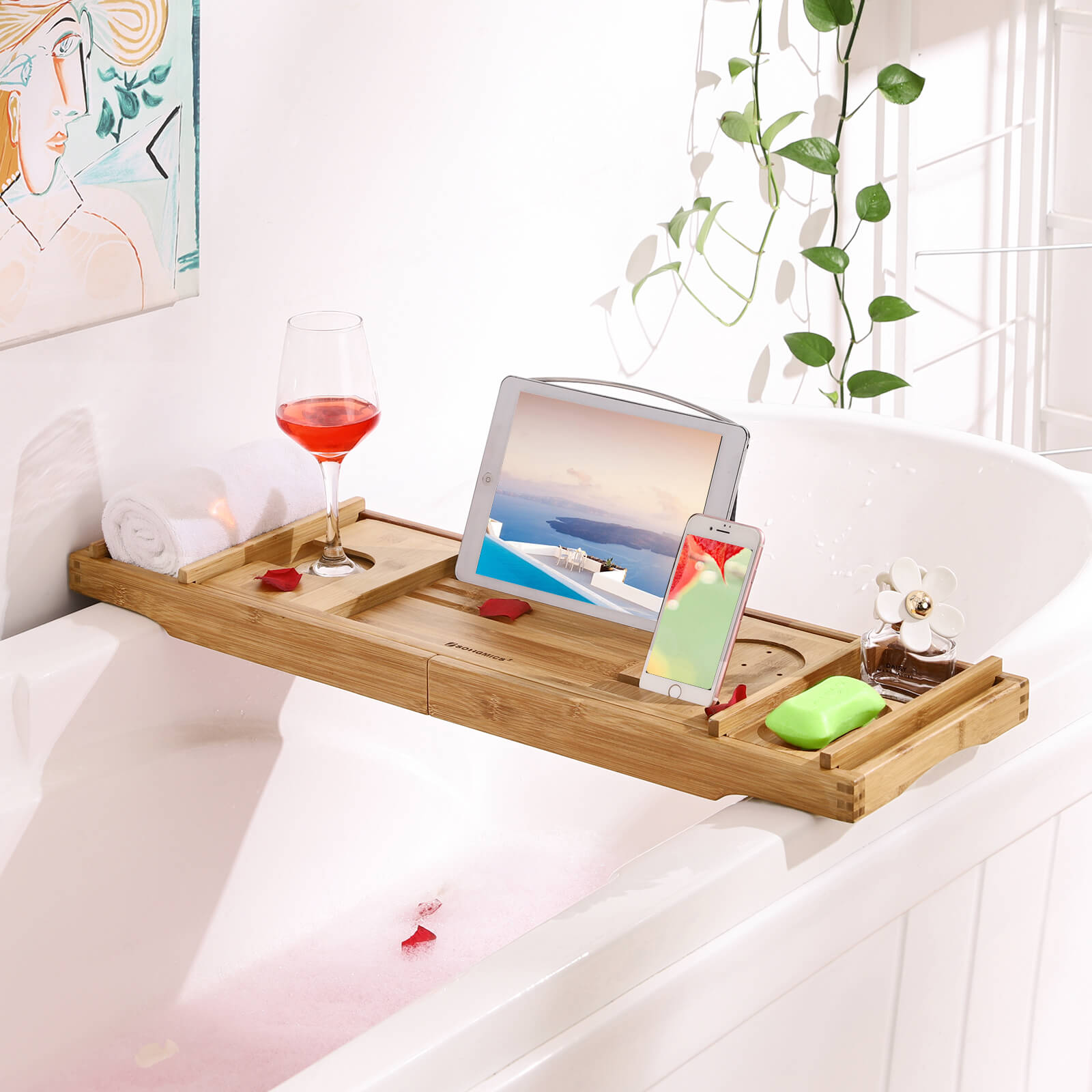 Bamboo bath board - adjustable - with cup holder - natural