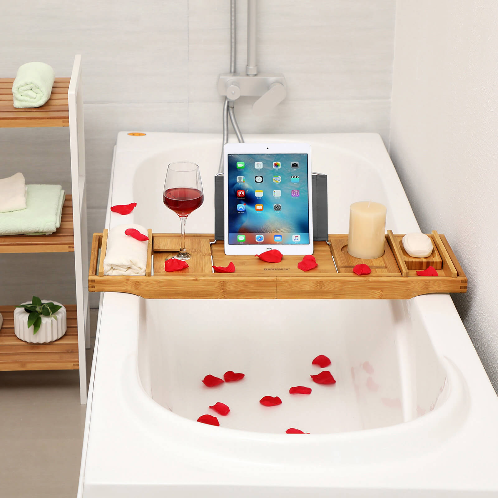 Bamboo bath board - adjustable - with cup holder - natural