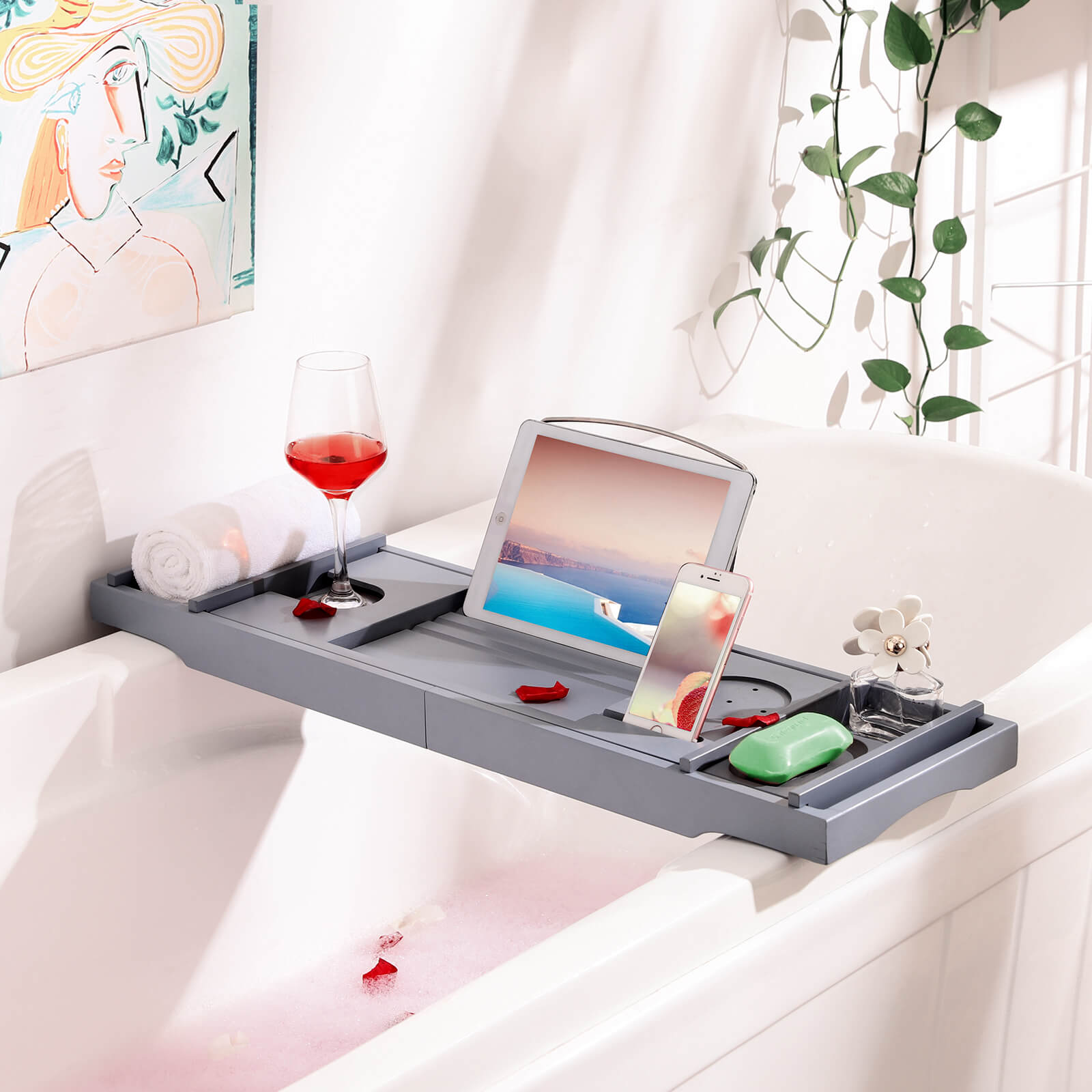 Bathing board - Bamboo bath rack - adjustable (75-109) x 23 x 4.5 cm - Gray