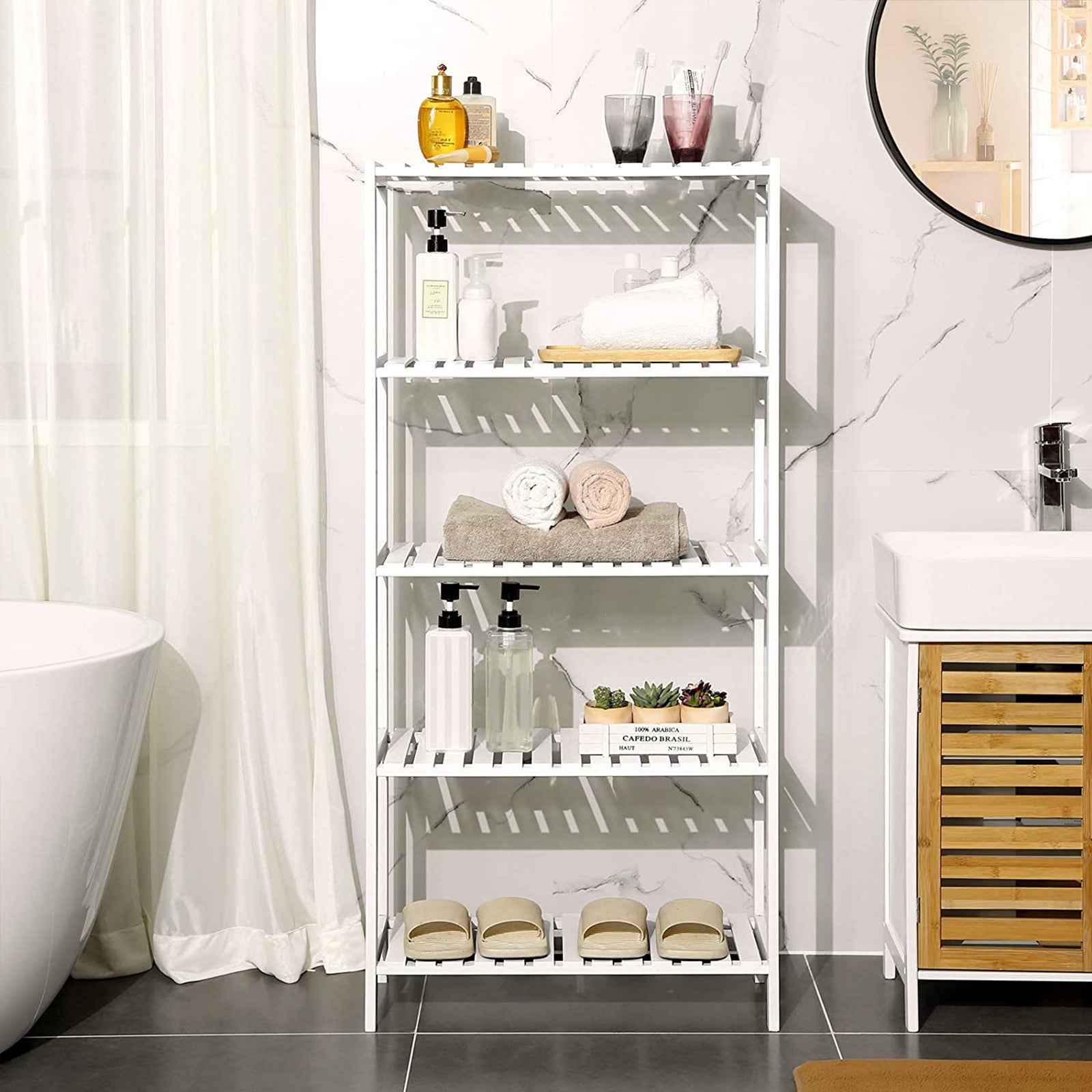 Bathroom rack - Bamboo rack with 5 shelves - White