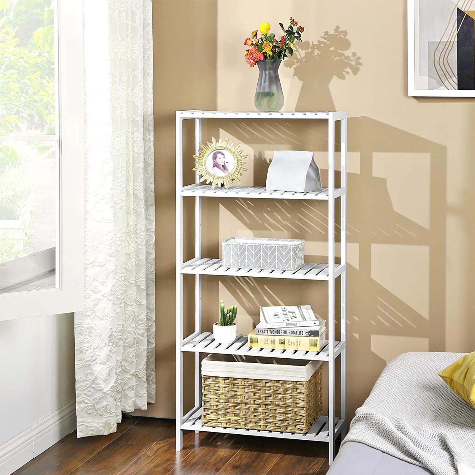 Bathroom rack - Bamboo rack with 5 shelves - White