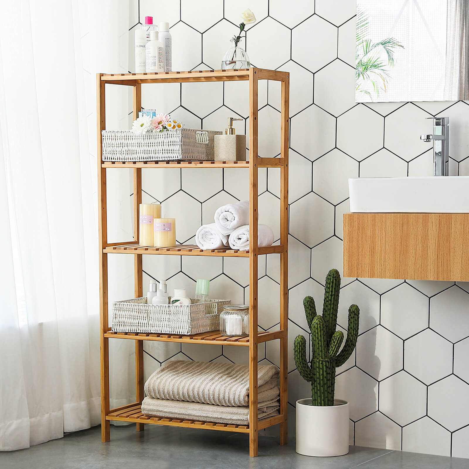 Bathroom board - 5 shelves - bamboo - natural