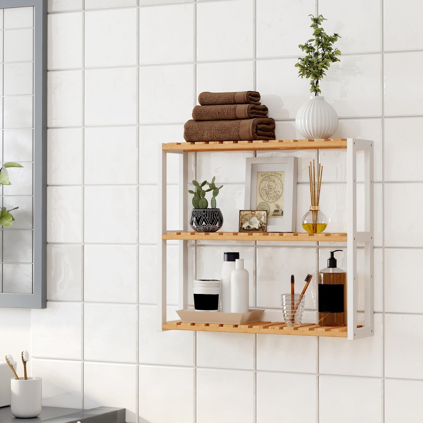Bathroom rack - With adjustable shelves - bamboo - natural/white