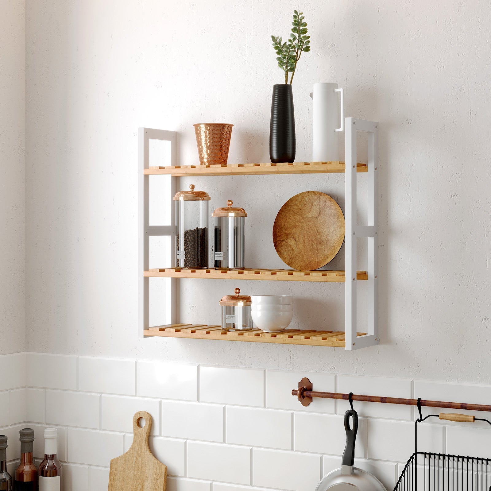Bathroom rack - With adjustable shelves - bamboo - natural/white