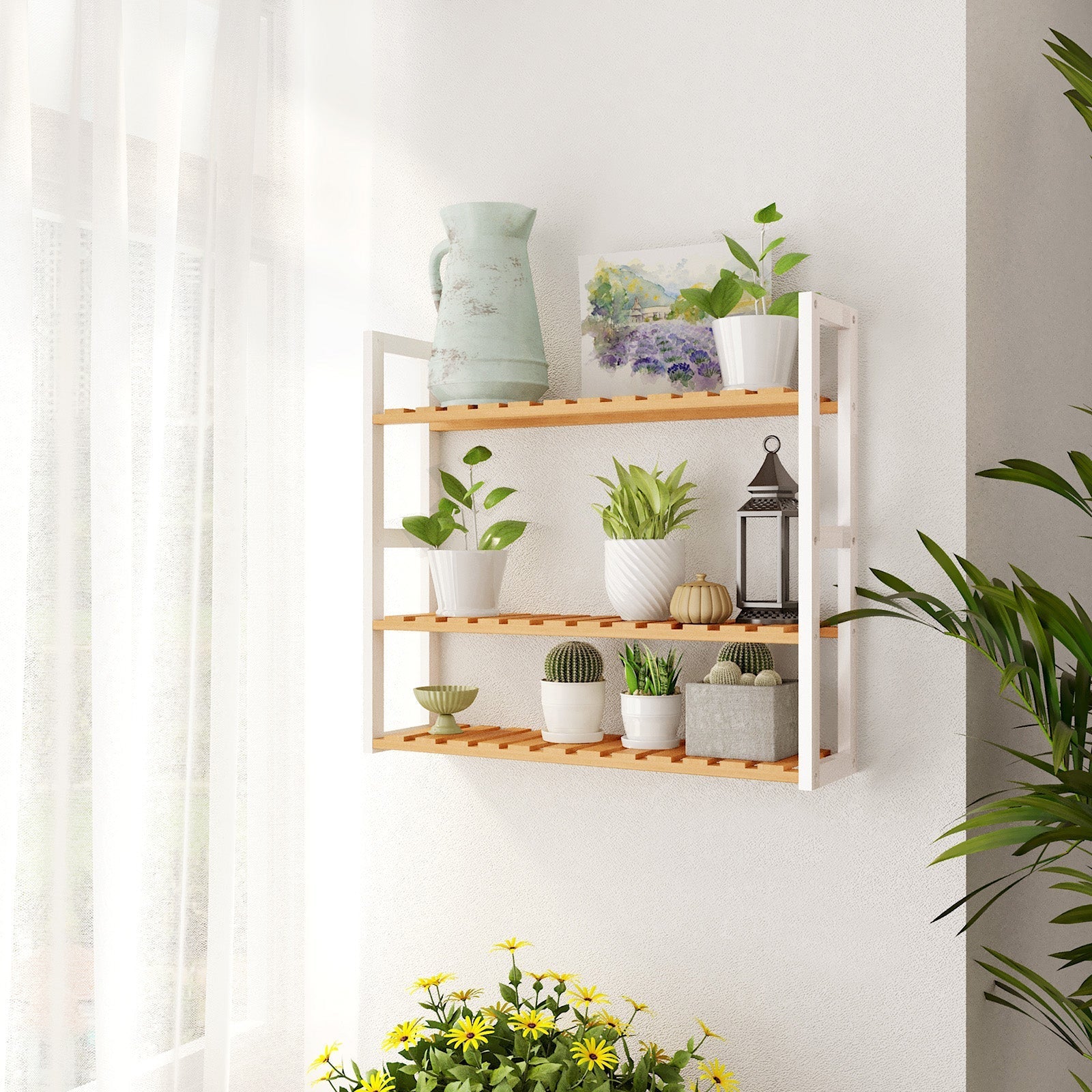 Bathroom rack - With adjustable shelves - bamboo - natural/white