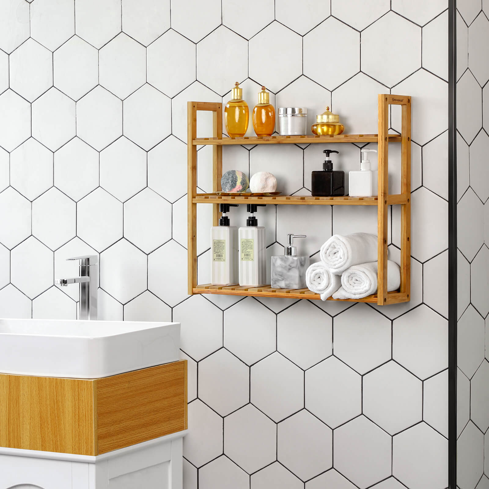 Bathroom rack - Wooden Cabinet - Bamboo - Adjustable shelves - Natural