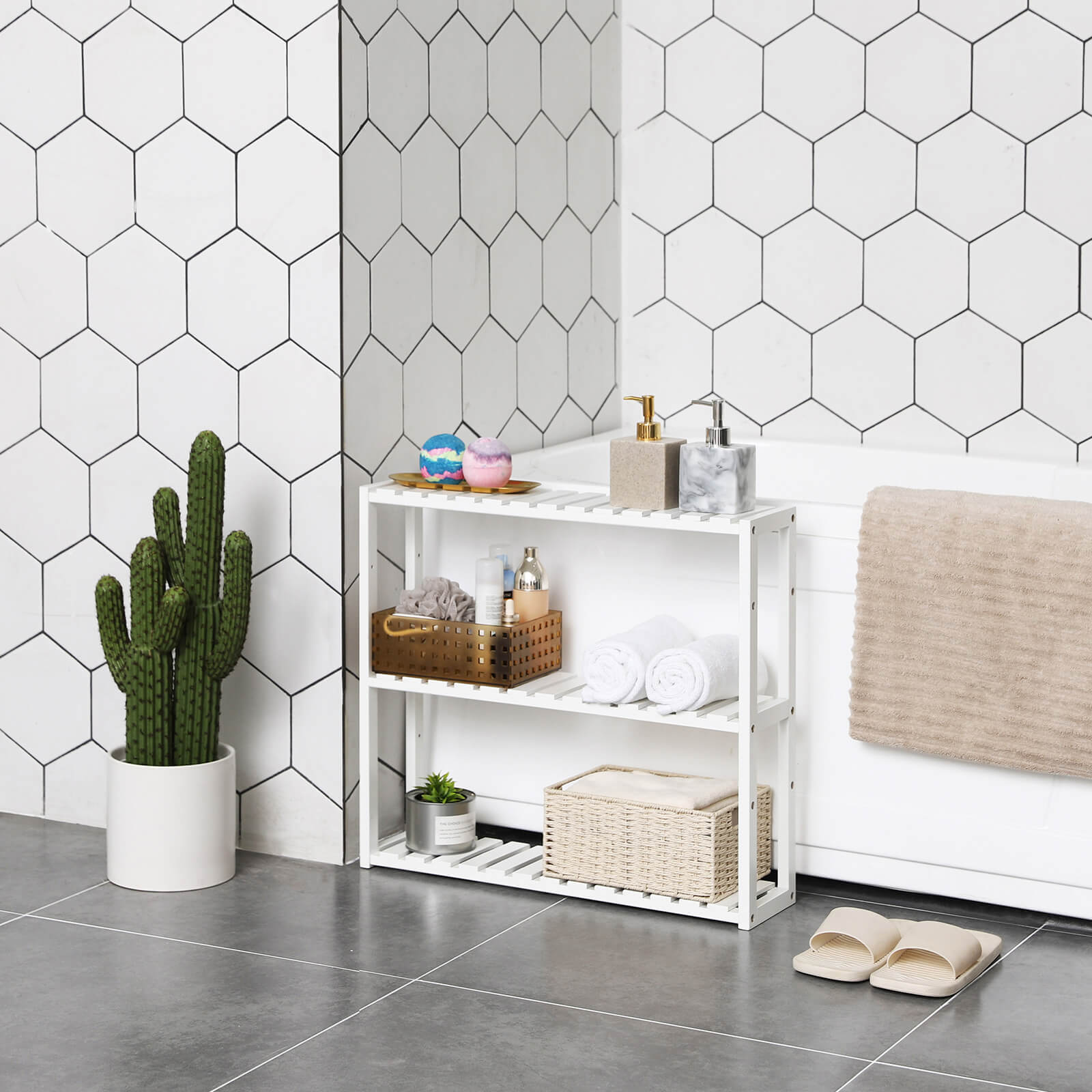 Bathroom rack - Plant rack - Bamboo - 3 adjustable shelves - White