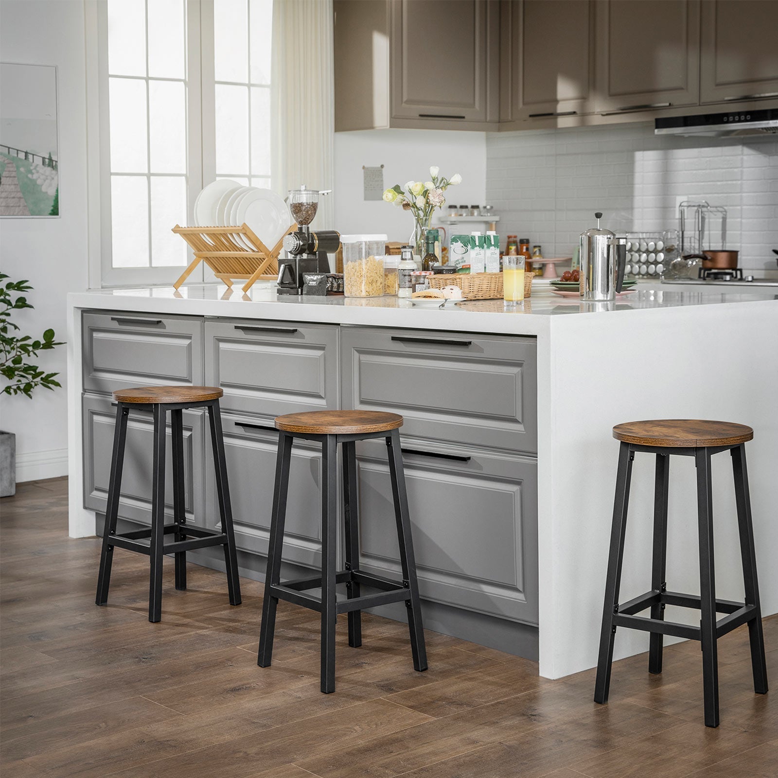 Bar stools - Set of 2 - Bar chairs with steel frame - Vintage brown/black