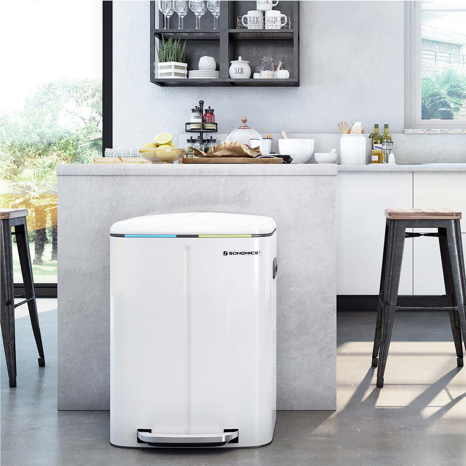 Waste bin - 2 compartments - 2 x 20 l - metal with pedal - 40 l - white