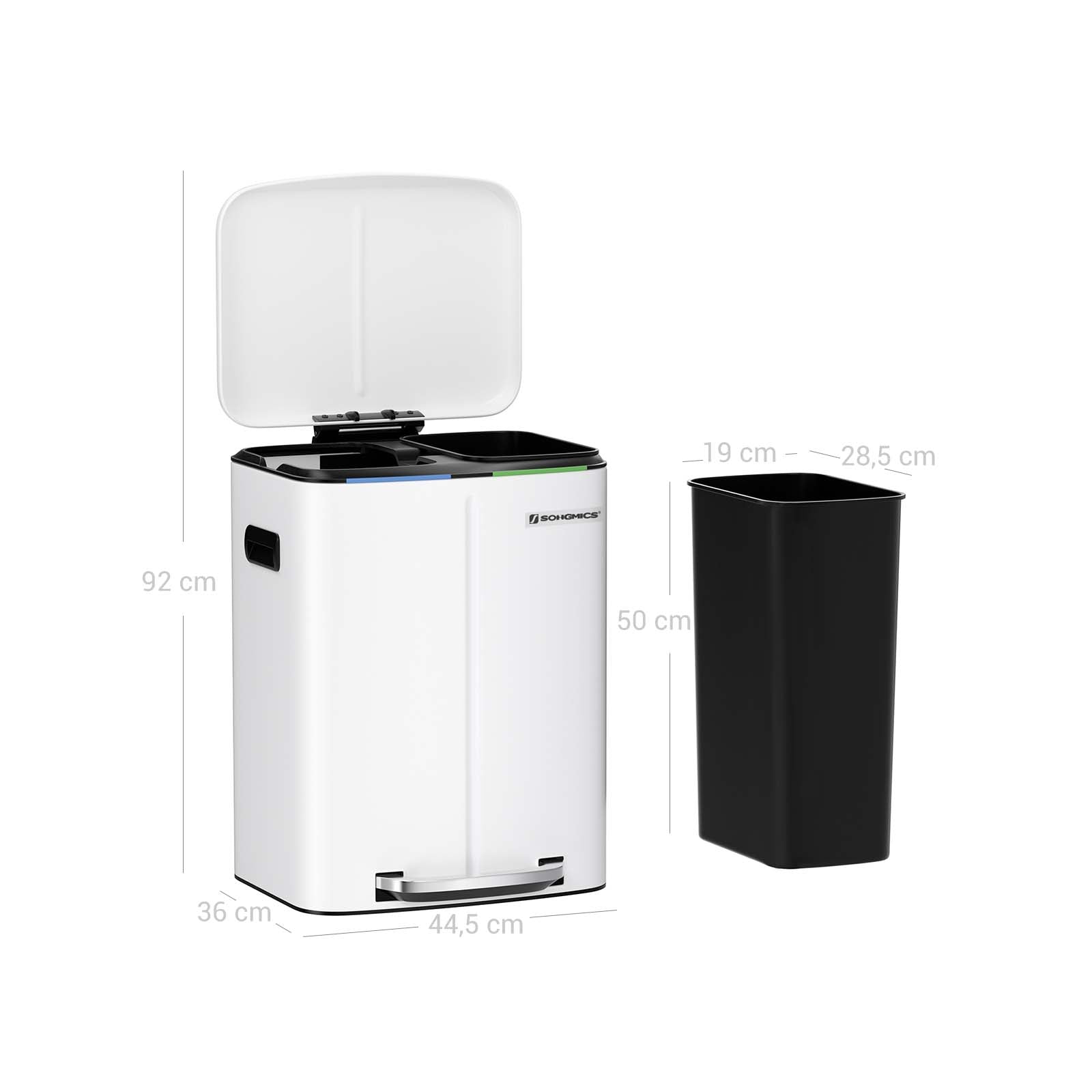 Waste bin - 2 compartments - 2 x 20 l - metal with pedal - 40 l - white