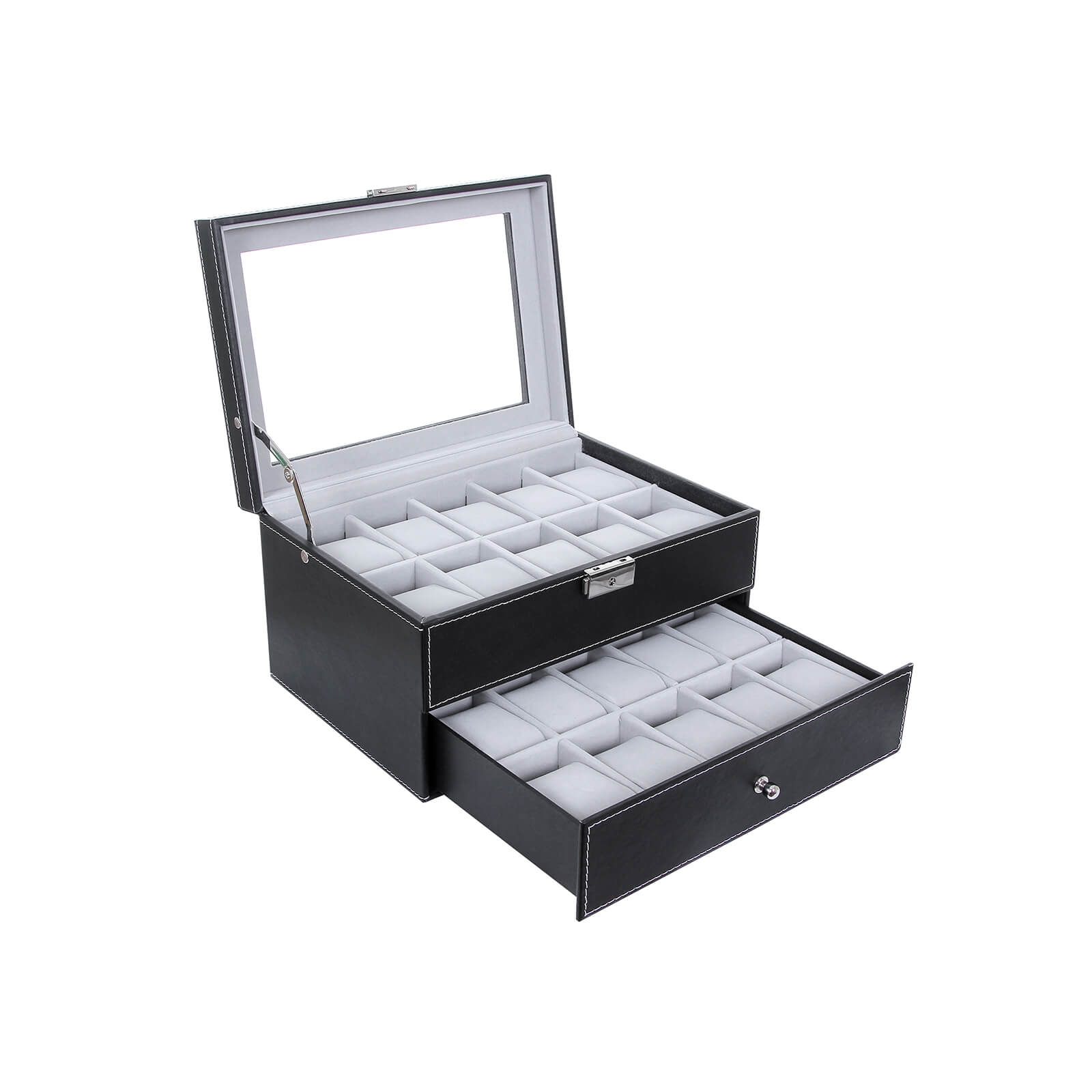 Watchbox - 20 watches - Glass lid - Black
