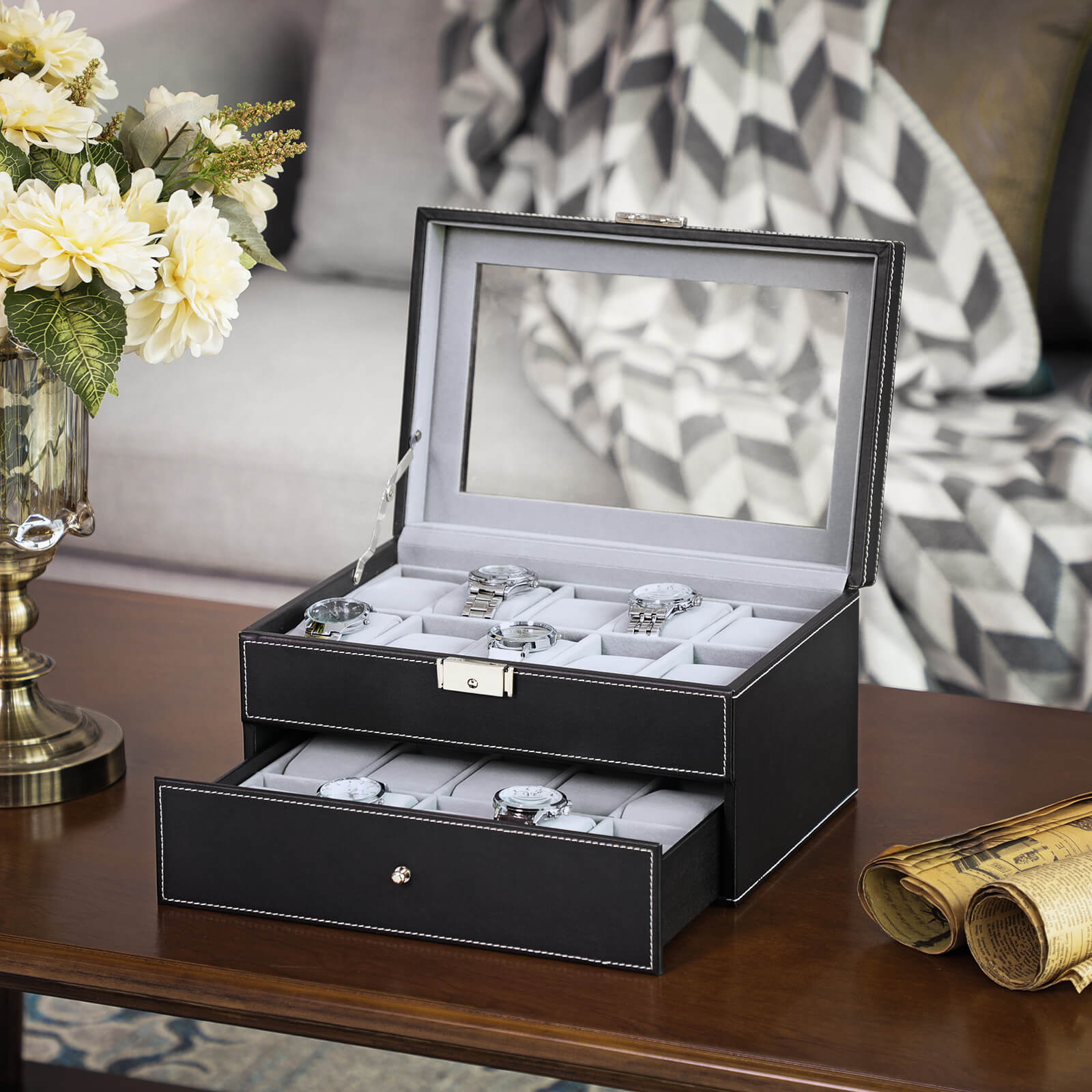 Watchbox - 20 watches - Glass lid - Black