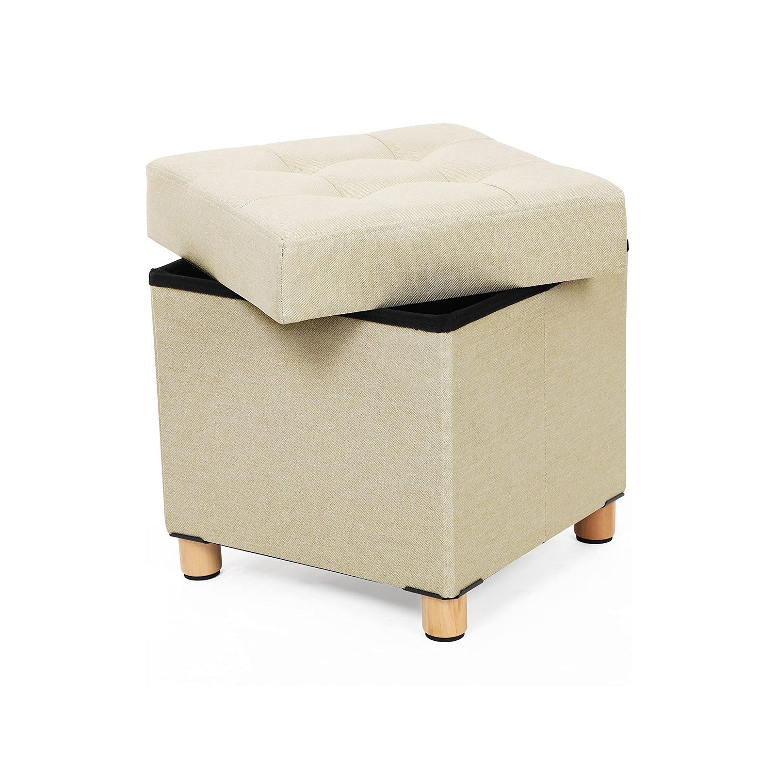 Pouf - with storage space - wooden legs - seat box - beige