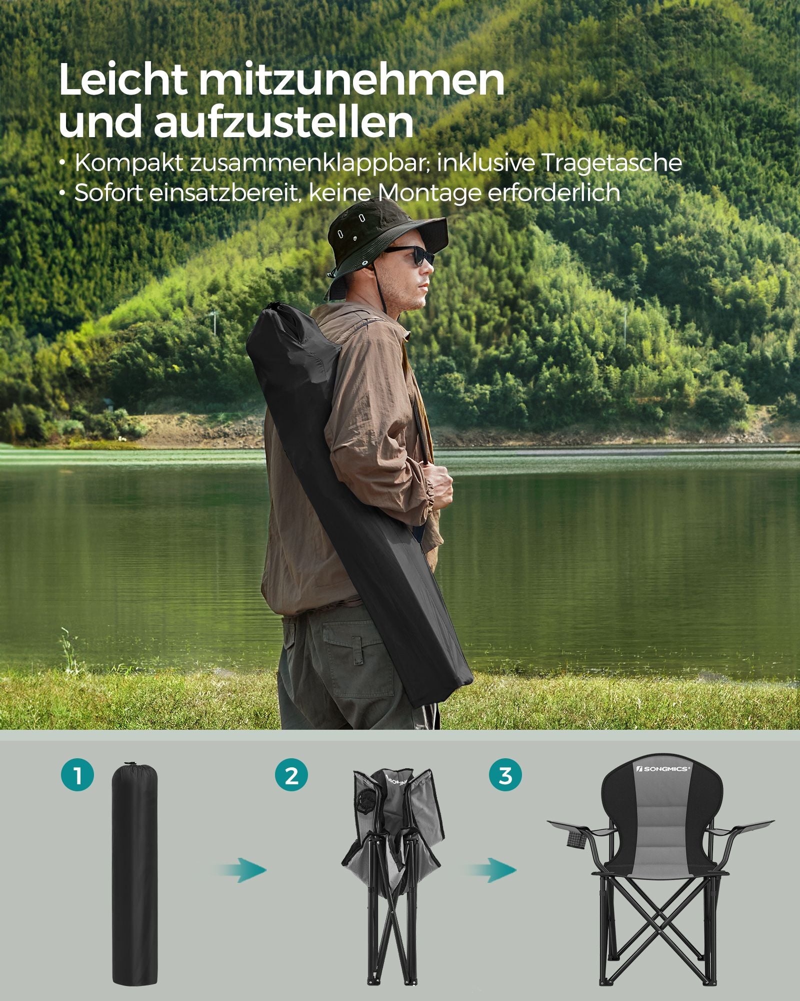Camping chair-With lined seat-Gray-black