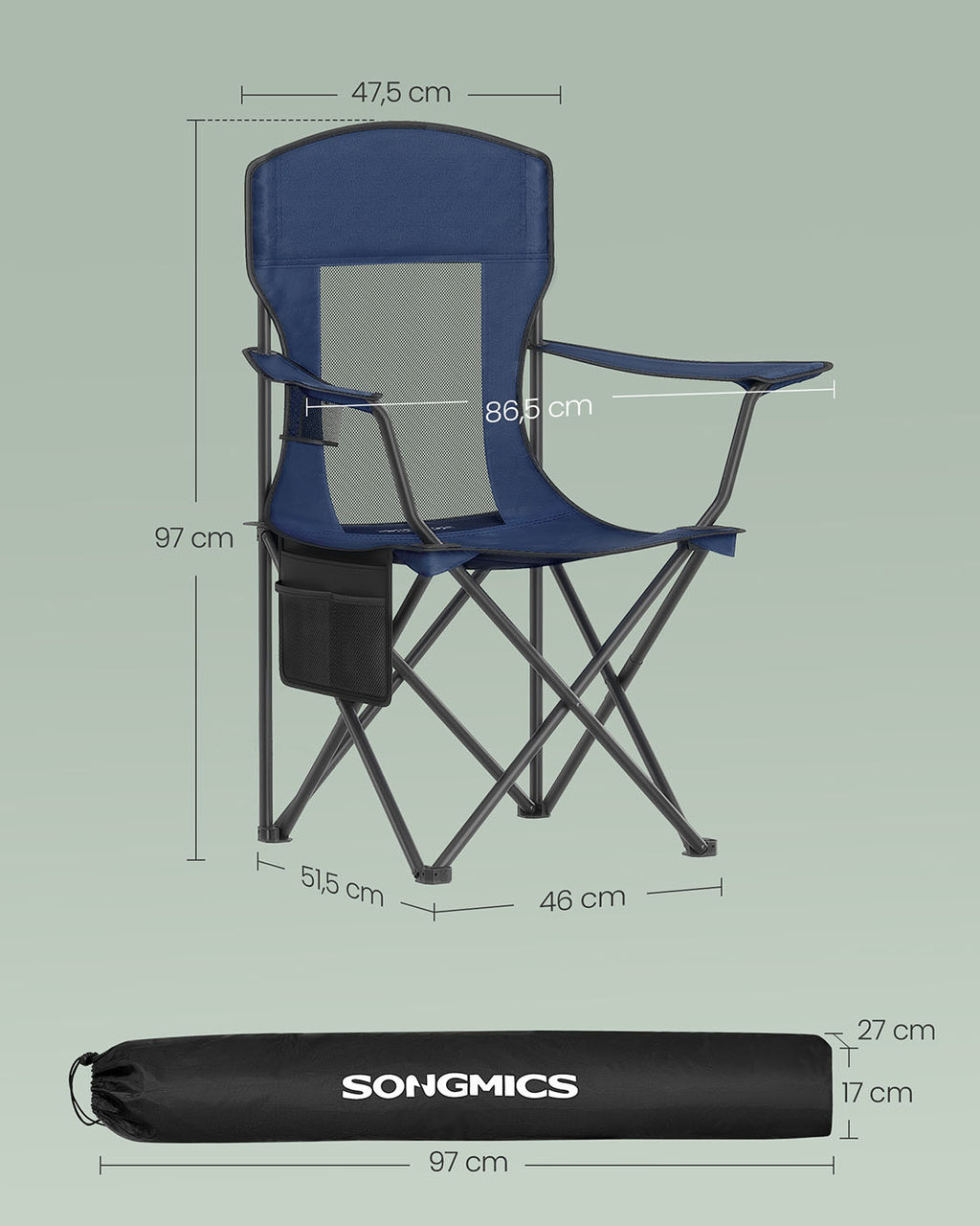 Camping chairs set of 2 with adjustable armrests, harbor blue