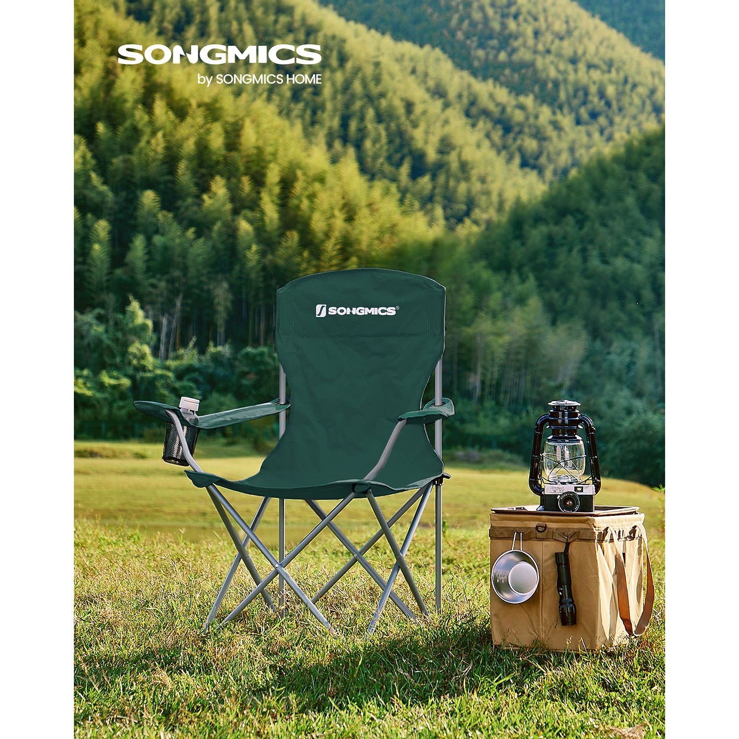 Camping chair - Set of 2 with cup holder - Dark green