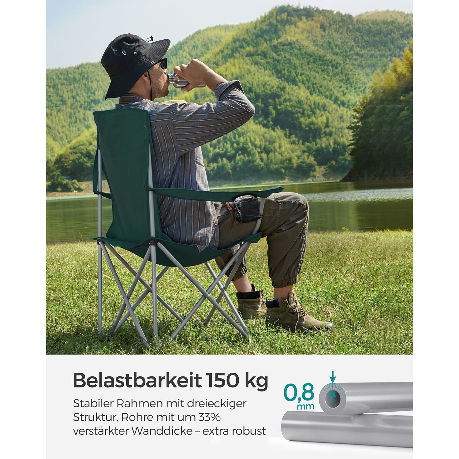 Camping chair - Set of 2 with cup holder - Dark green