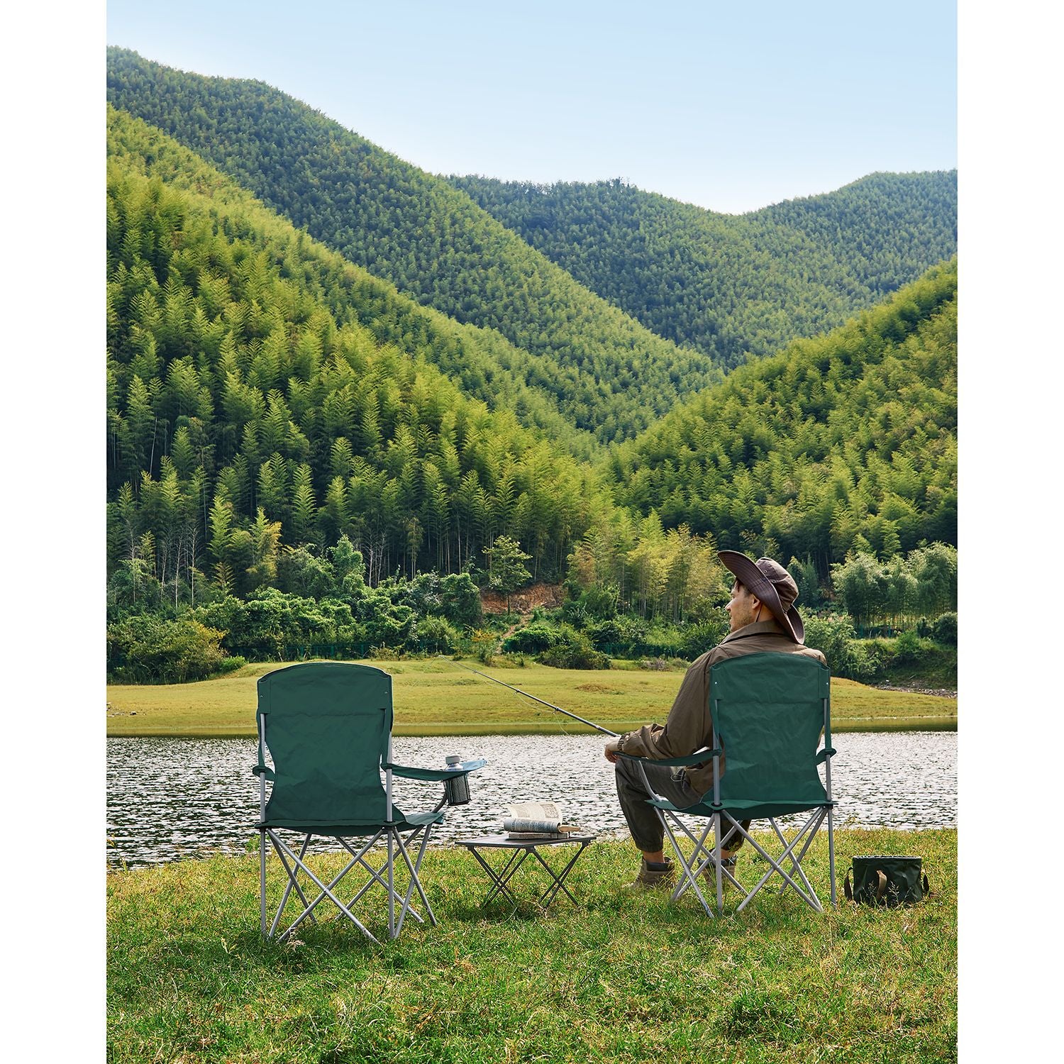 Camping chair - Set of 2 with cup holder - Dark green
