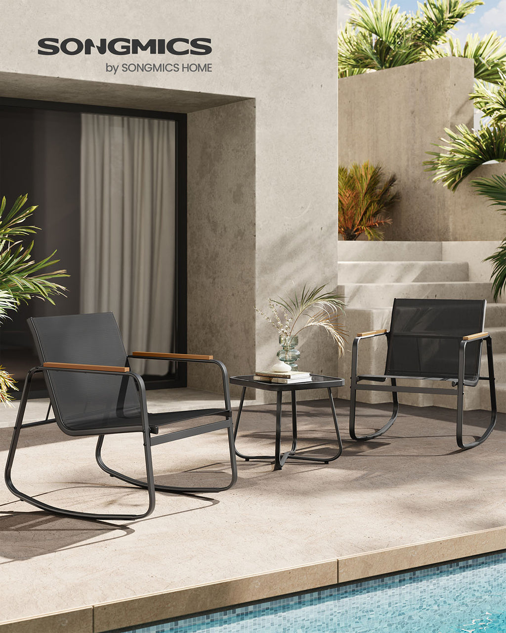 Garden set-2 rocking chairs + table-black-3-piece