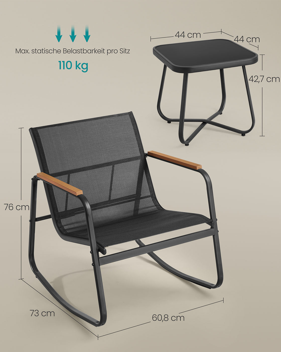 Garden set-2 rocking chairs + table-black-3-piece