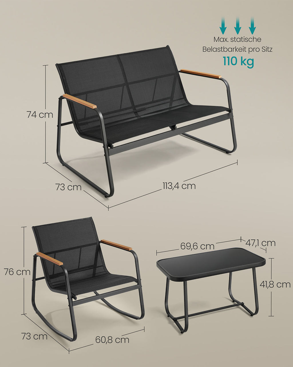 Garden set-Garden bench + 2 rocking chairs + table-black-4-piece
