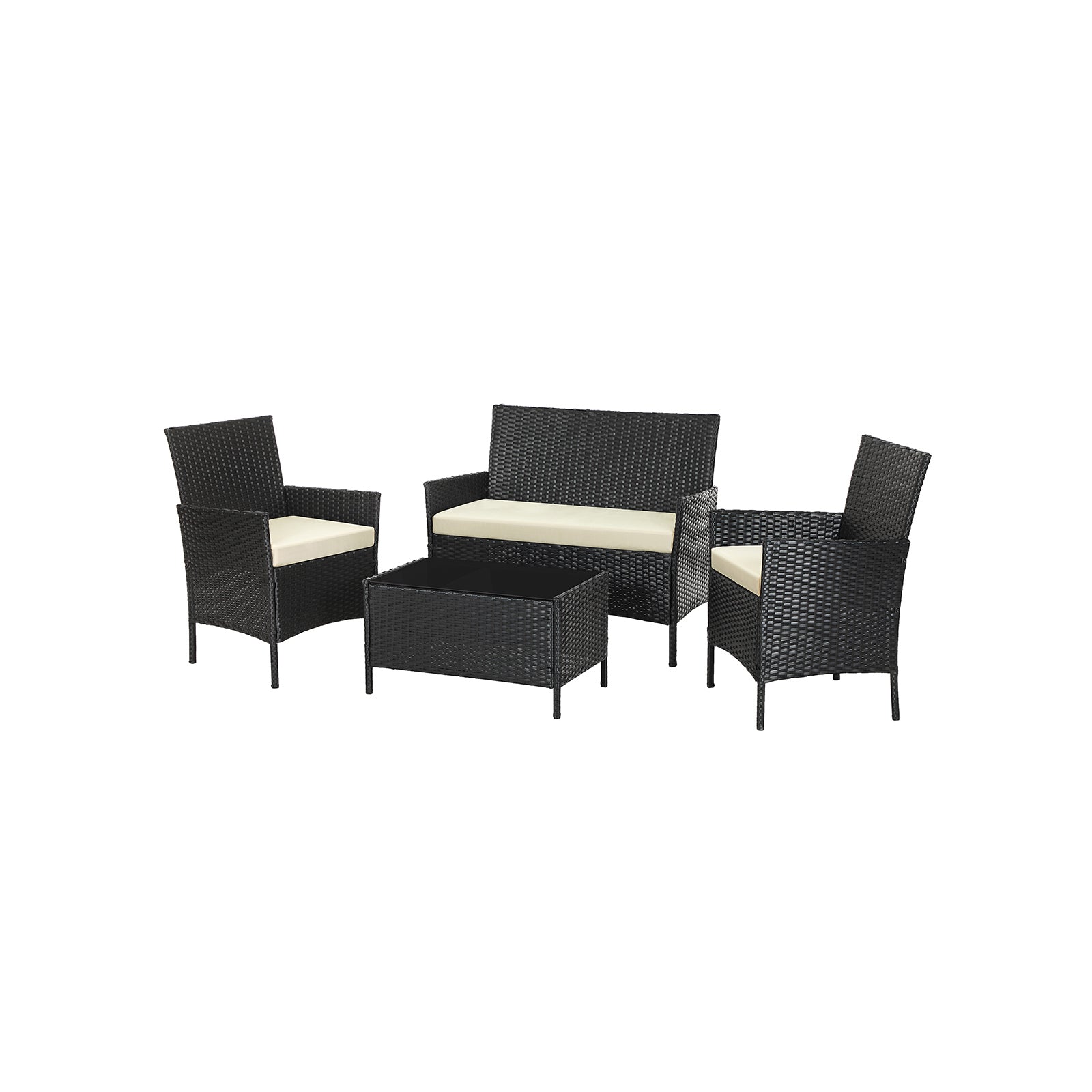 Garden furniture set - Lounge set - Rattan look - 2 chairs and glass table - Black