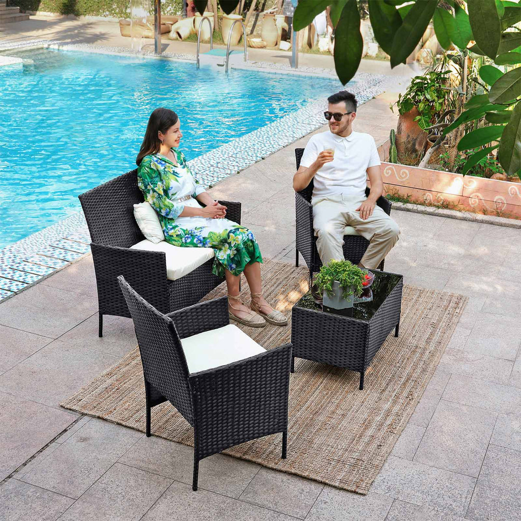 Garden furniture set - Lounge set - Rattan look - 2 chairs and glass table - Black