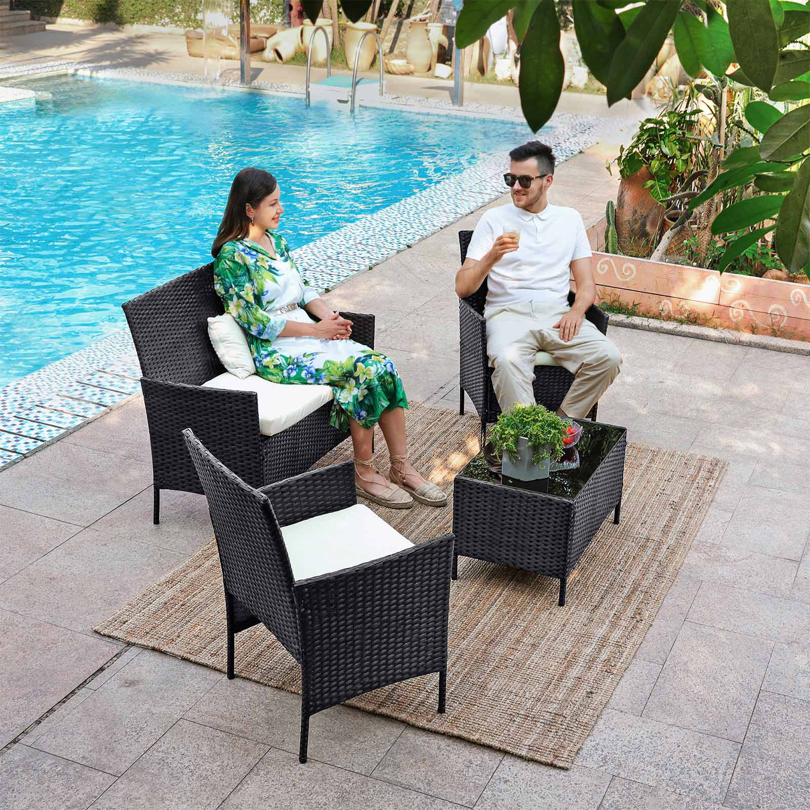 Garden furniture set - Lounge set - Rattan look - 2 chairs and glass table - Black