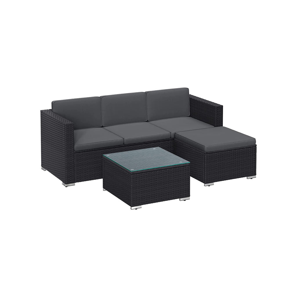 Garden furniture set - with pillows and glass table - black and gray