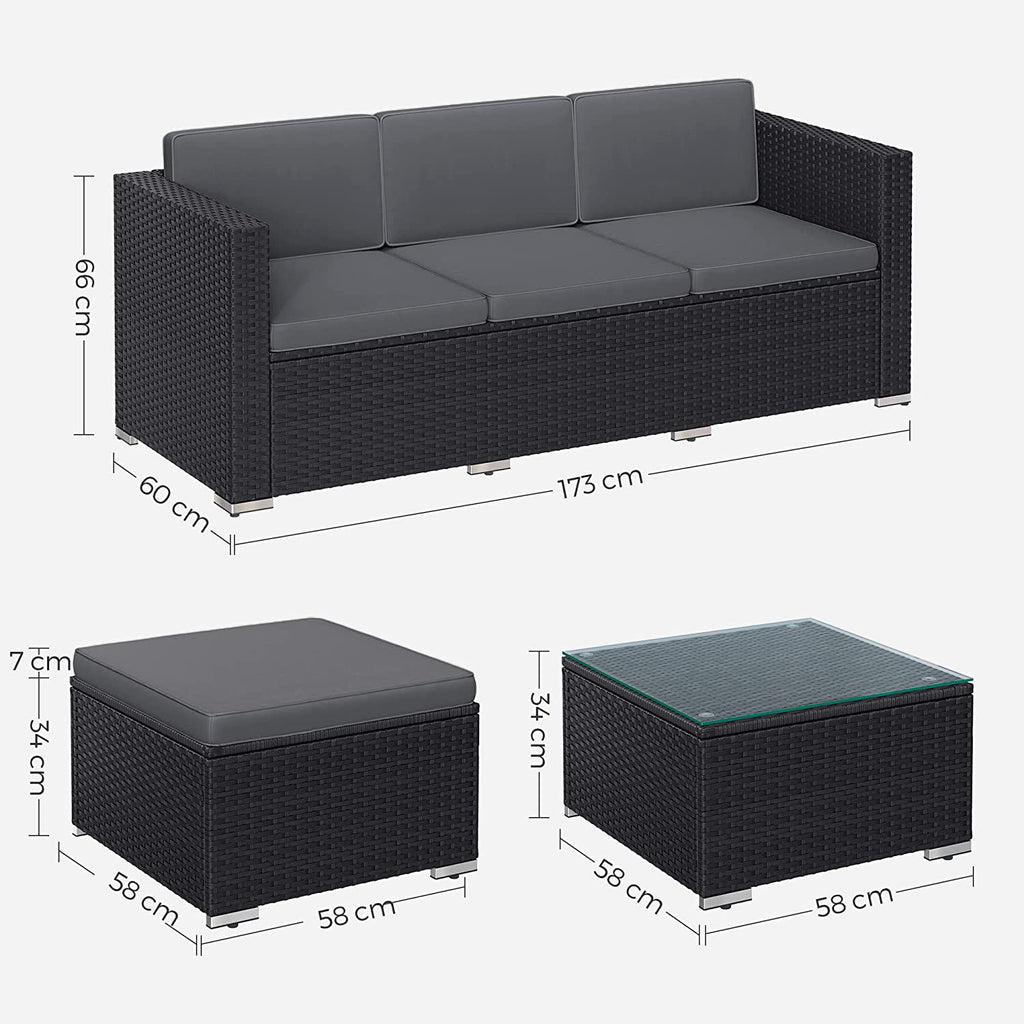 Garden furniture set - with pillows and glass table - black and gray