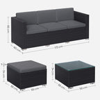 Garden furniture set - with pillows and glass table - black and gray