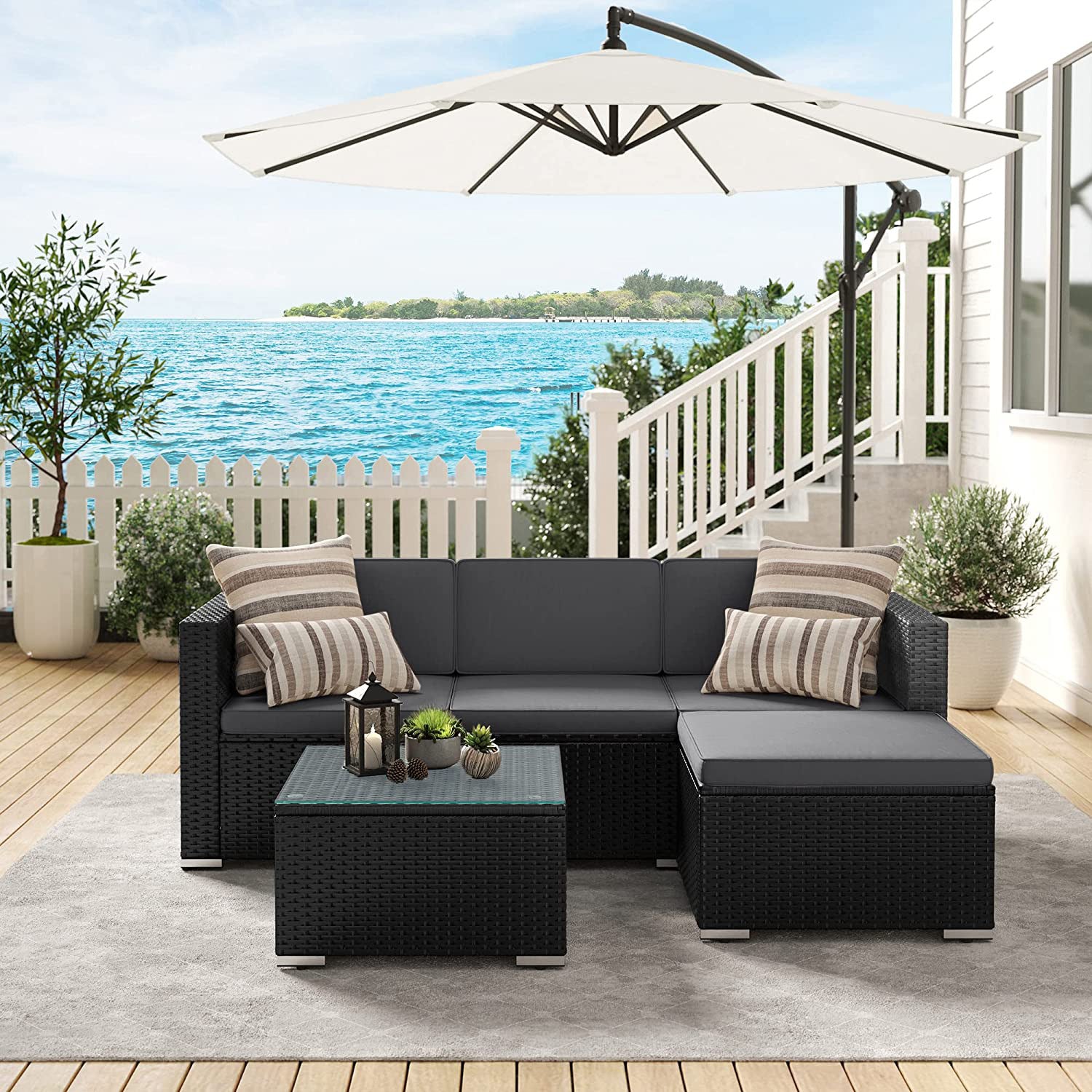Garden furniture set - with pillows and glass table - black and gray