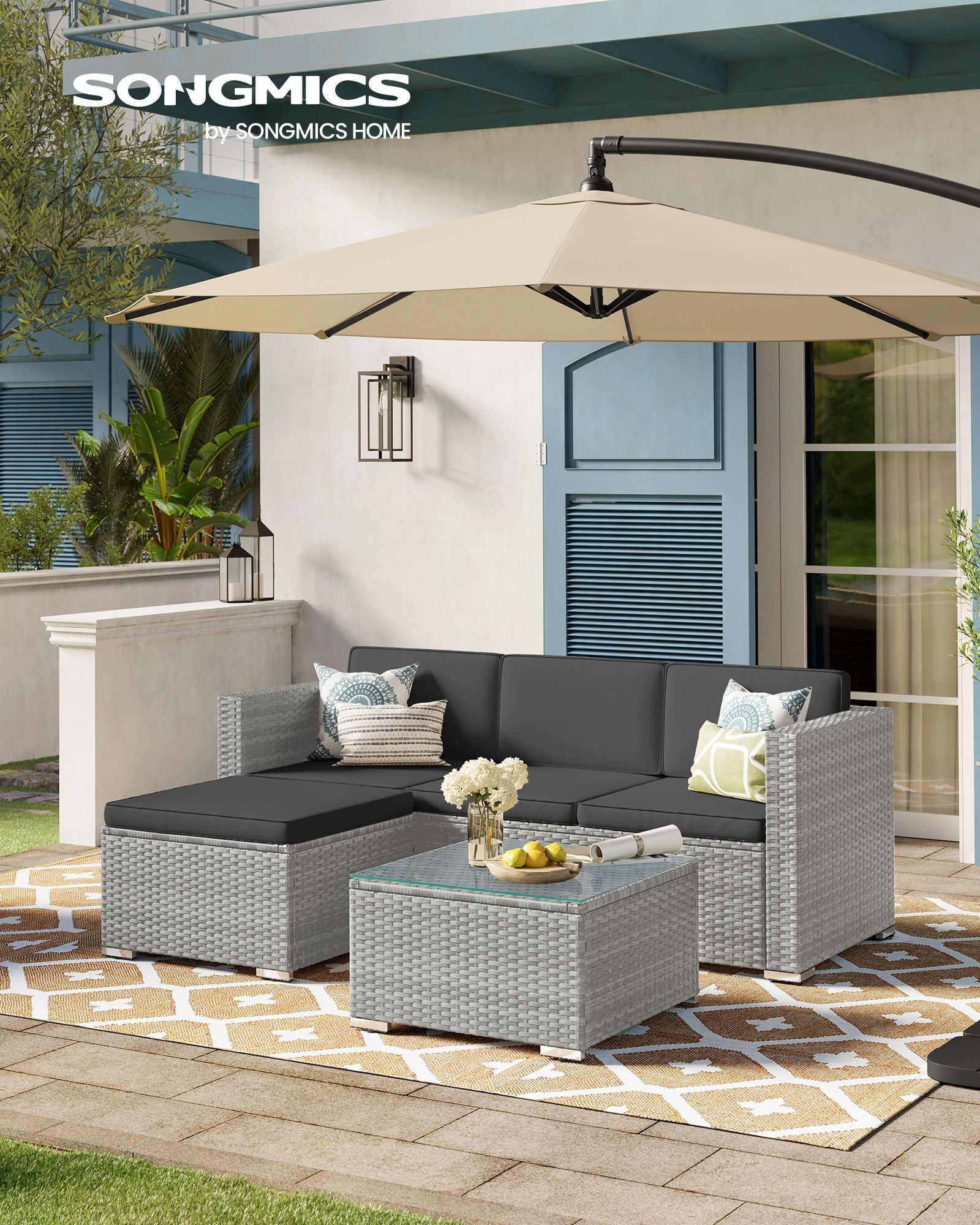 Balcony furniture set-PE-POLYROTAN-With pillows and glass table