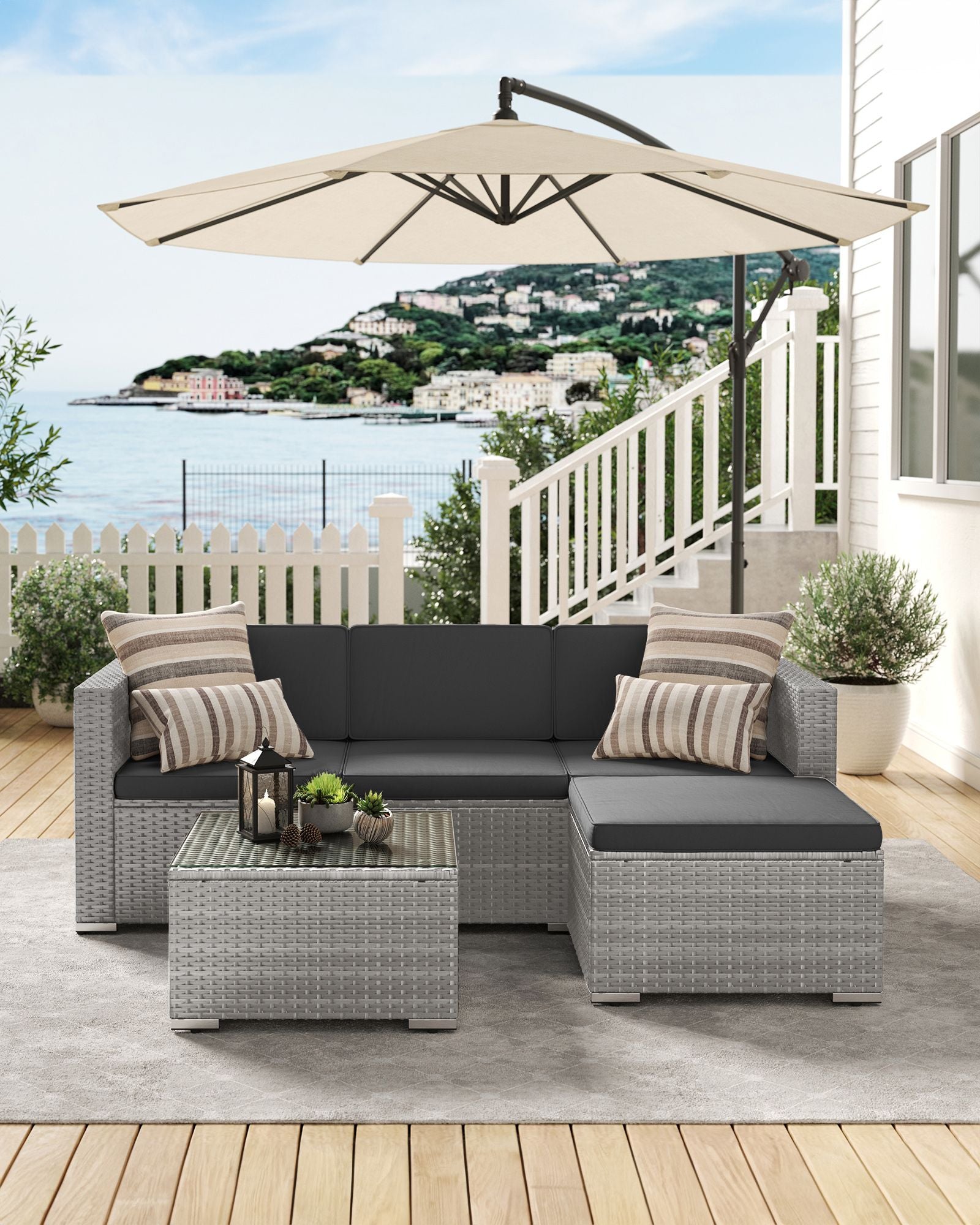 Balcony furniture set-PE-POLYROTAN-With pillows and glass table