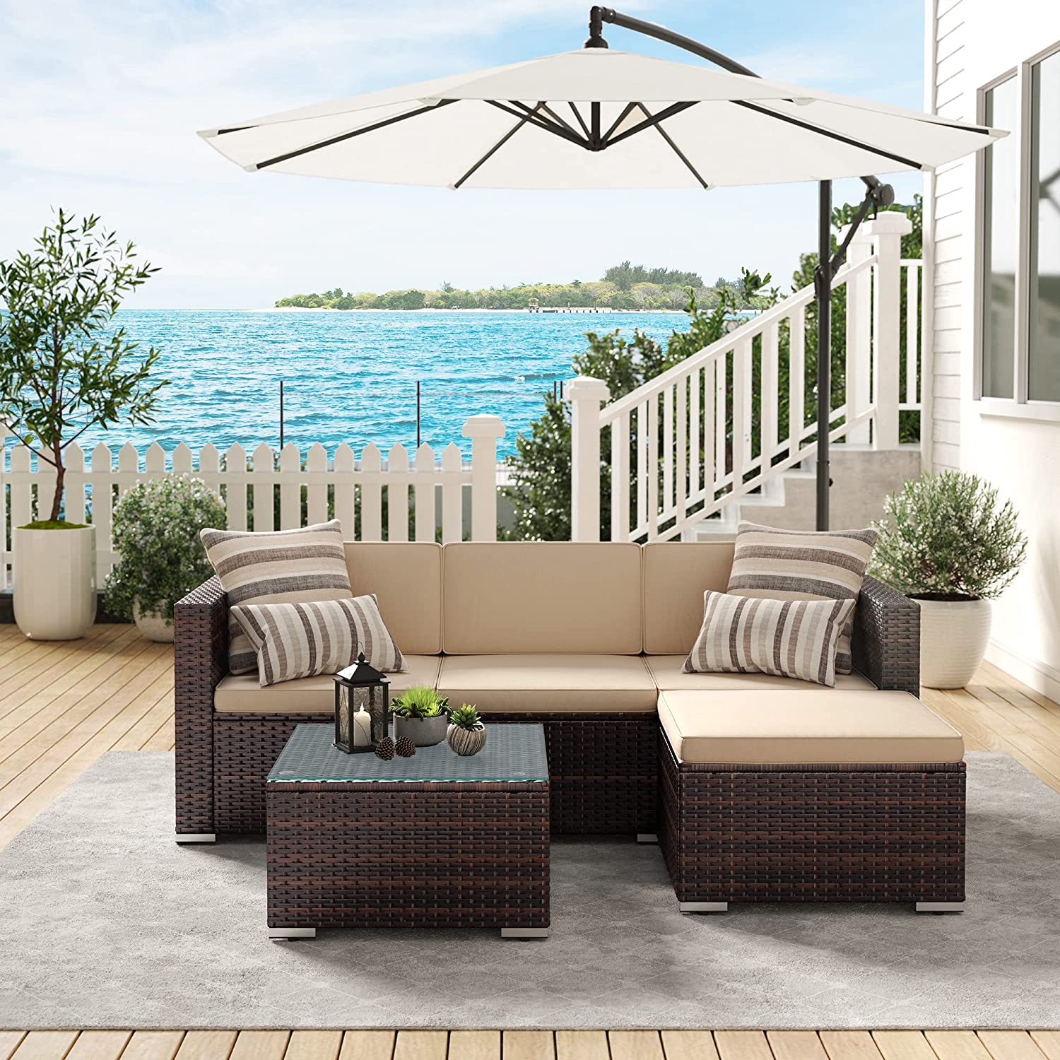 Lounge set - Garden furniture set - Corner sofa with table - Glass top - Brown