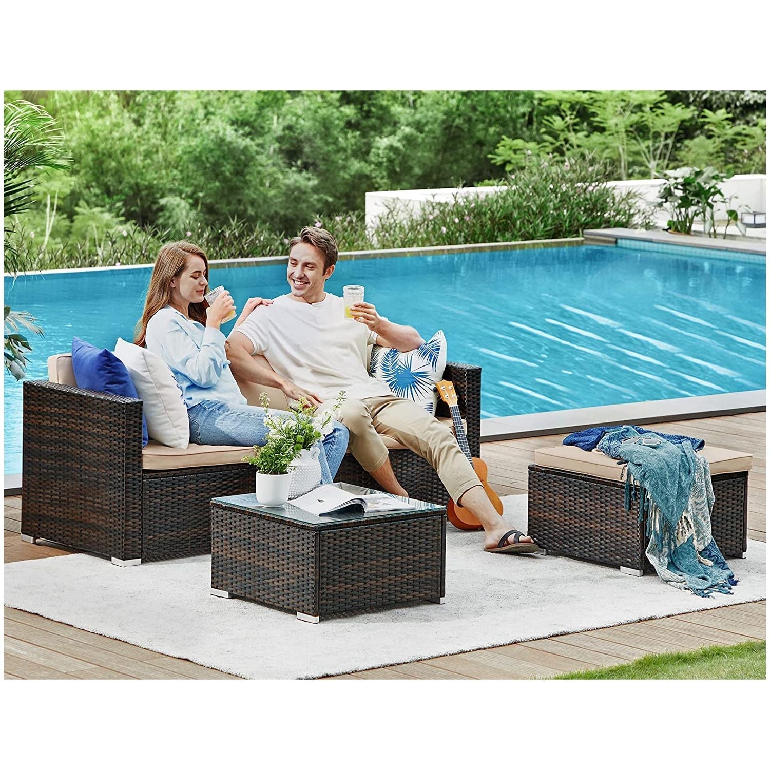 Lounge set - Garden furniture set - Corner sofa with table - Glass top - Brown