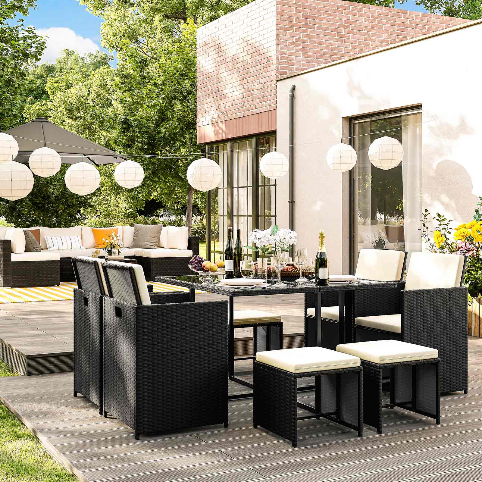 Garden furniture set - Lounge set - Rattan look - 2 chairs and glass table - Black