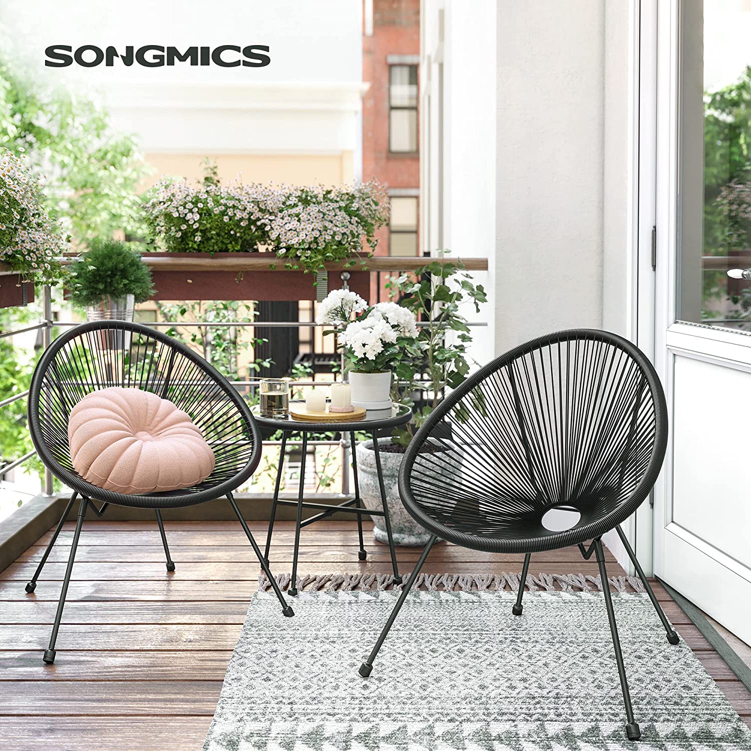 Garden furniture set - Balcony furniture - Set of 3 - Glass table top - 2 chairs - Black